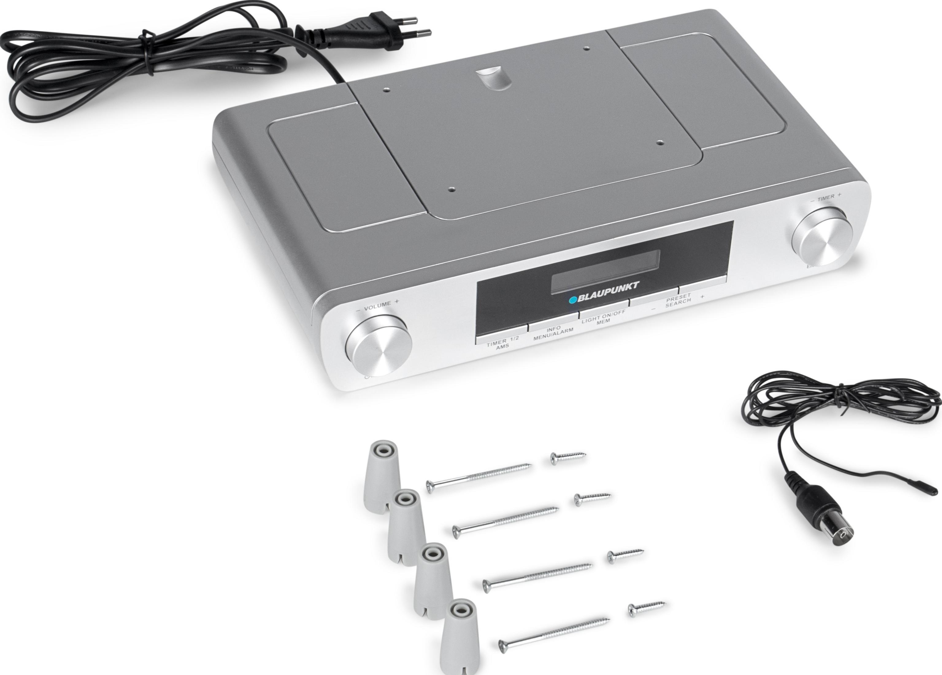 Silbernes Blaupunkt Radio mit Netzkabel, Antennenkabel und Schrauben.