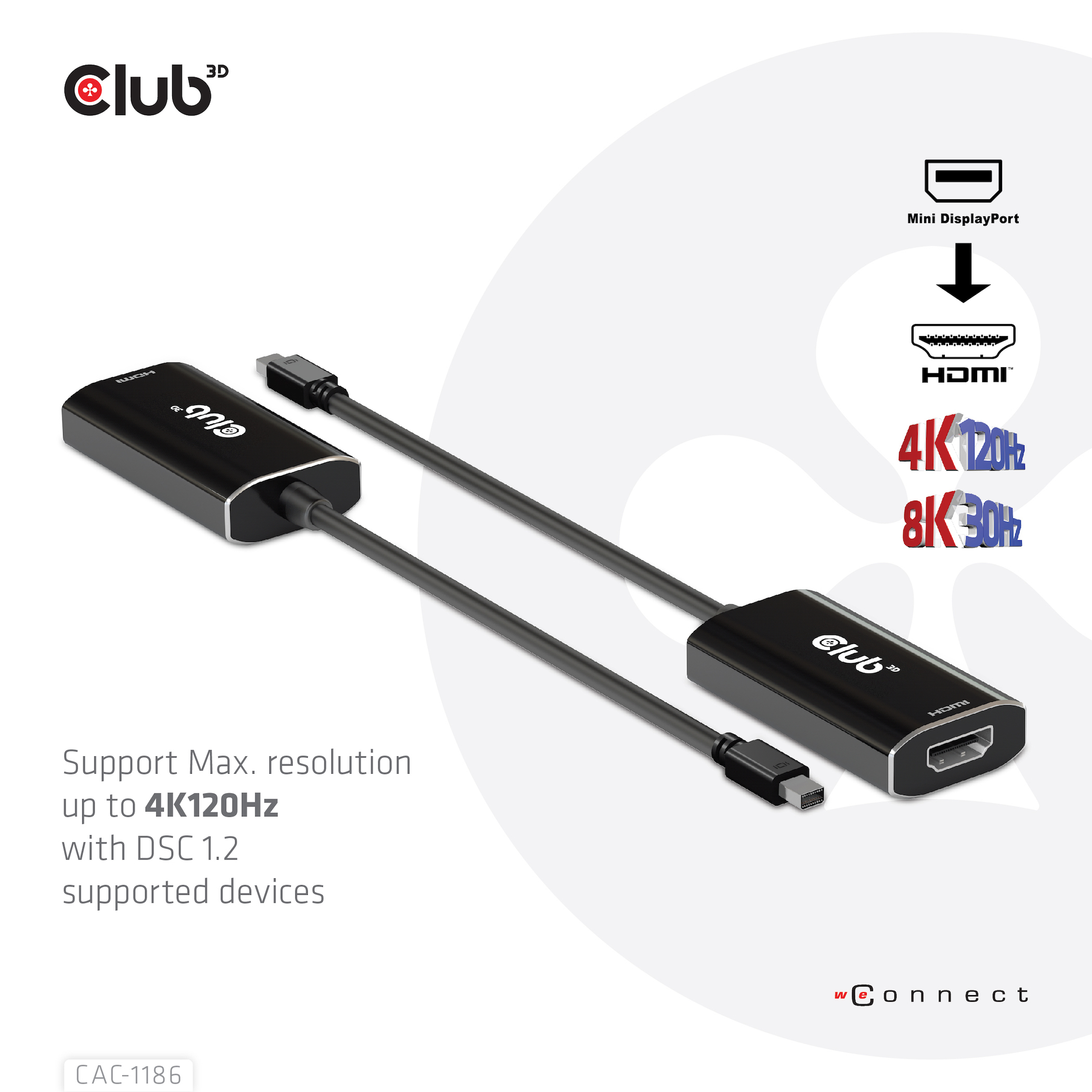 Club 3D Adapter von Mini DisplayPort zu HDMI, unterstützt 4K 120Hz.