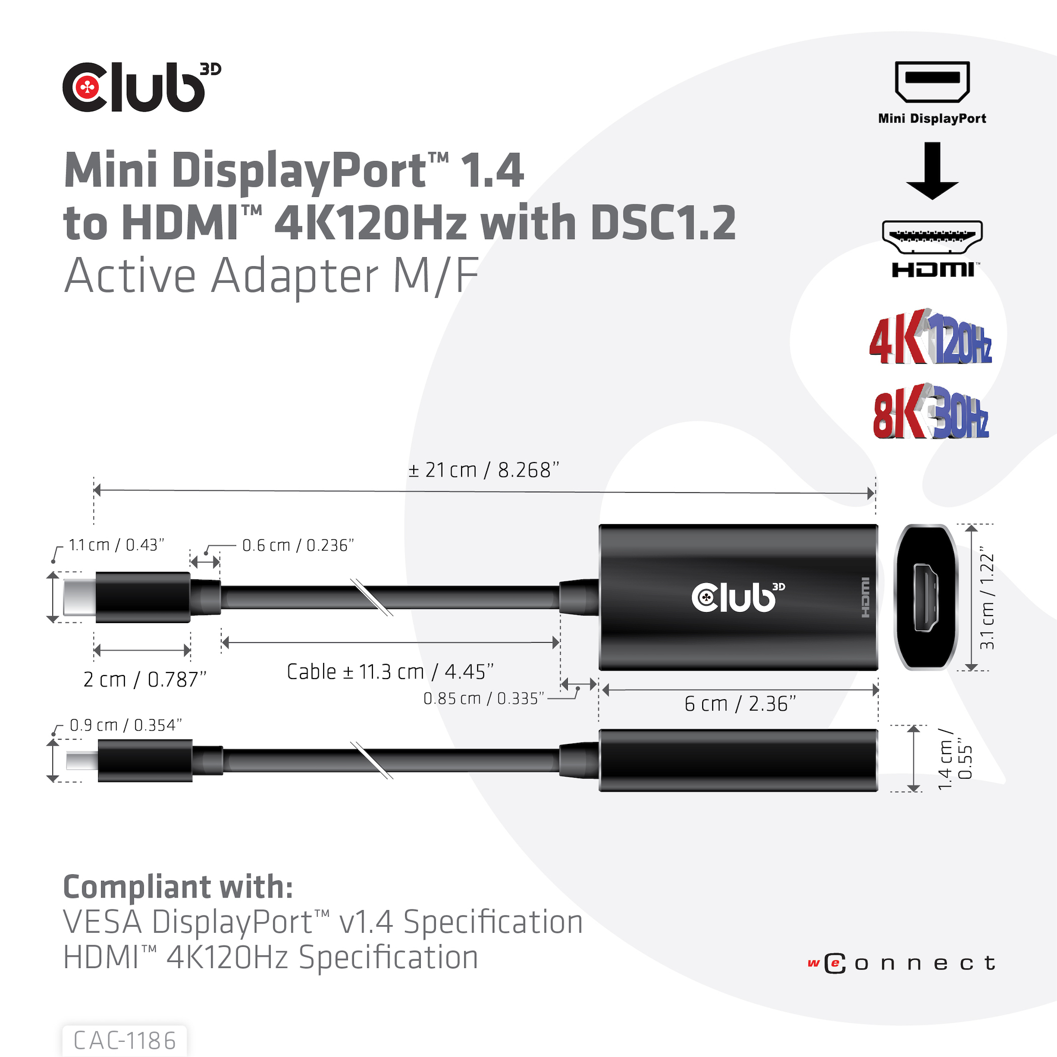 Club 3D Adapter: Mini DP zu HDMI 4K120Hz, mit Maßen und Spezifikationen.