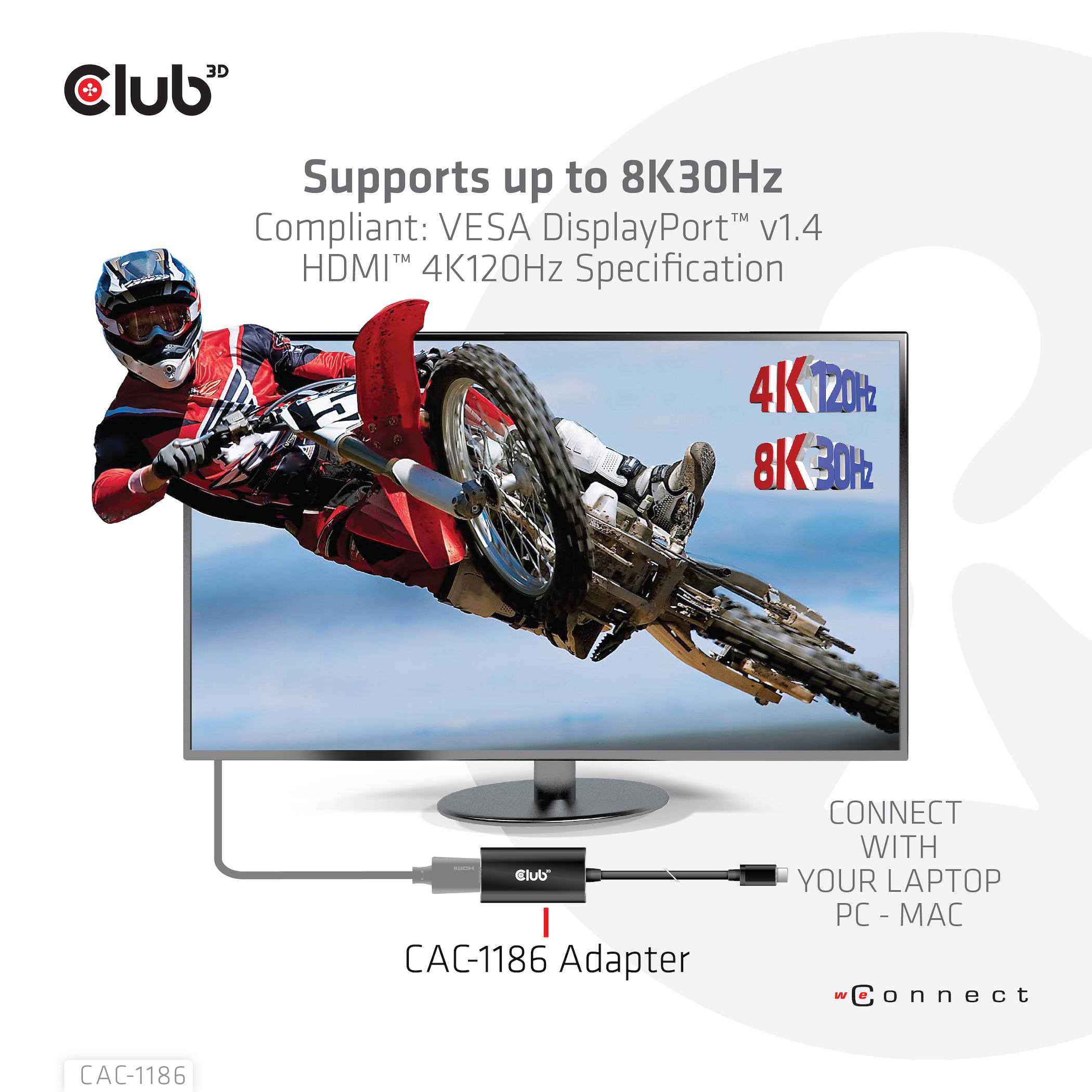 Club 3D CAC-1186 Adapter verbindet Laptop mit Display, unterstützt 8K30Hz.