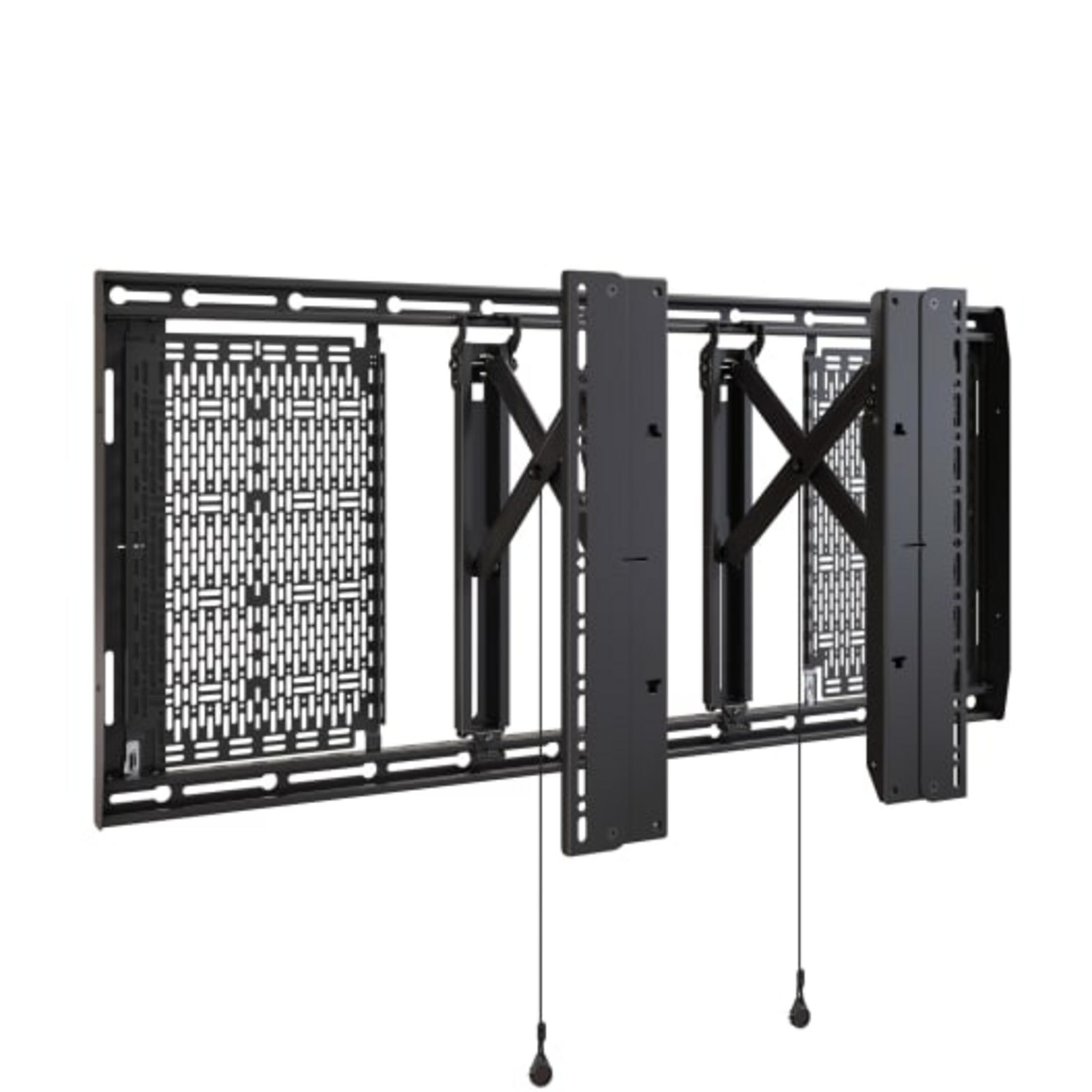 Schwarzer, ausziehbarer Wandhalter für Fernseher mit Kreuzgelenkmechanismus und Zugseilen.