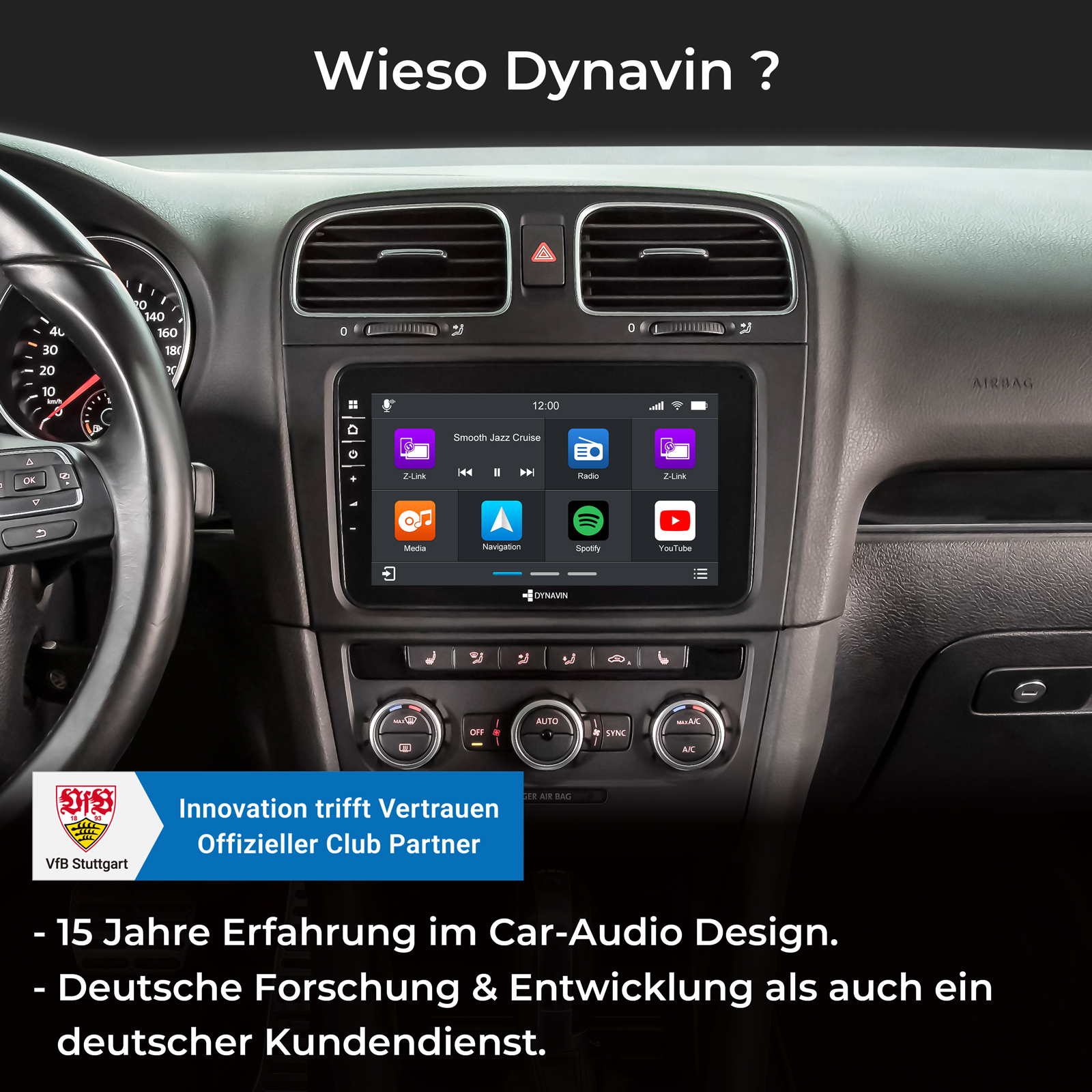 Ein Autoradio-Bildschirm mit Apps wie Spotify und YouTube.