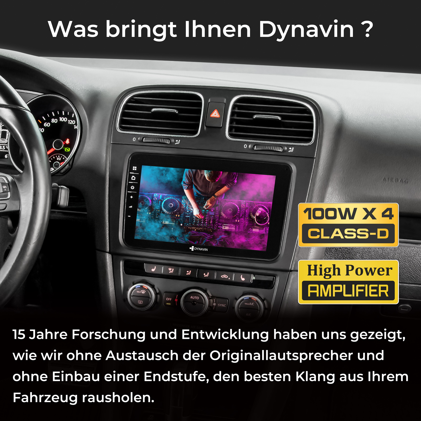 Armaturenbrett eines Autos mit Dynavin-Bildschirm, der einen DJ zeigt.