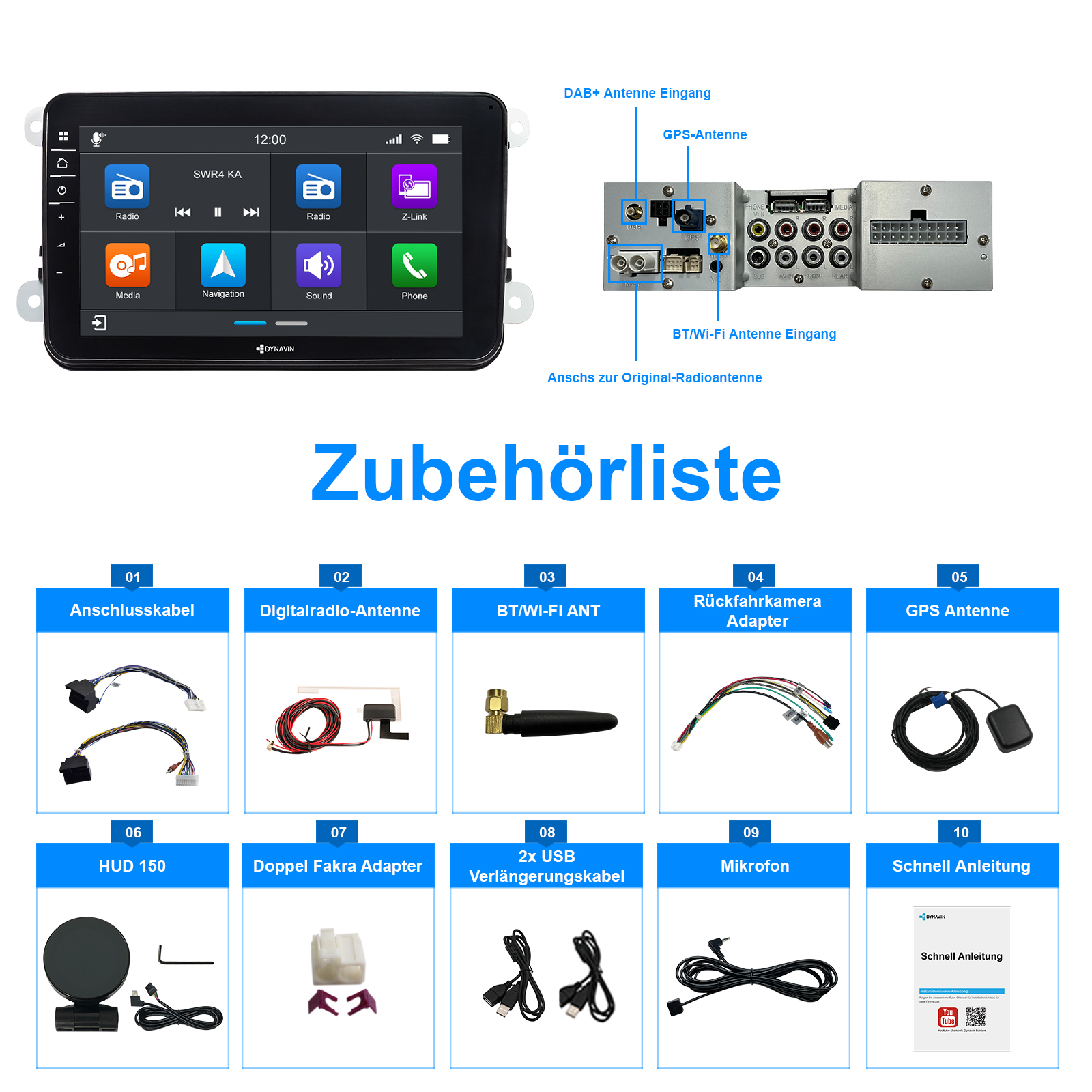 Bild zeigt Autoradio-Zubehör: Kabel, Antennen, Adapter, HUD, Mikrofon, Anleitung.