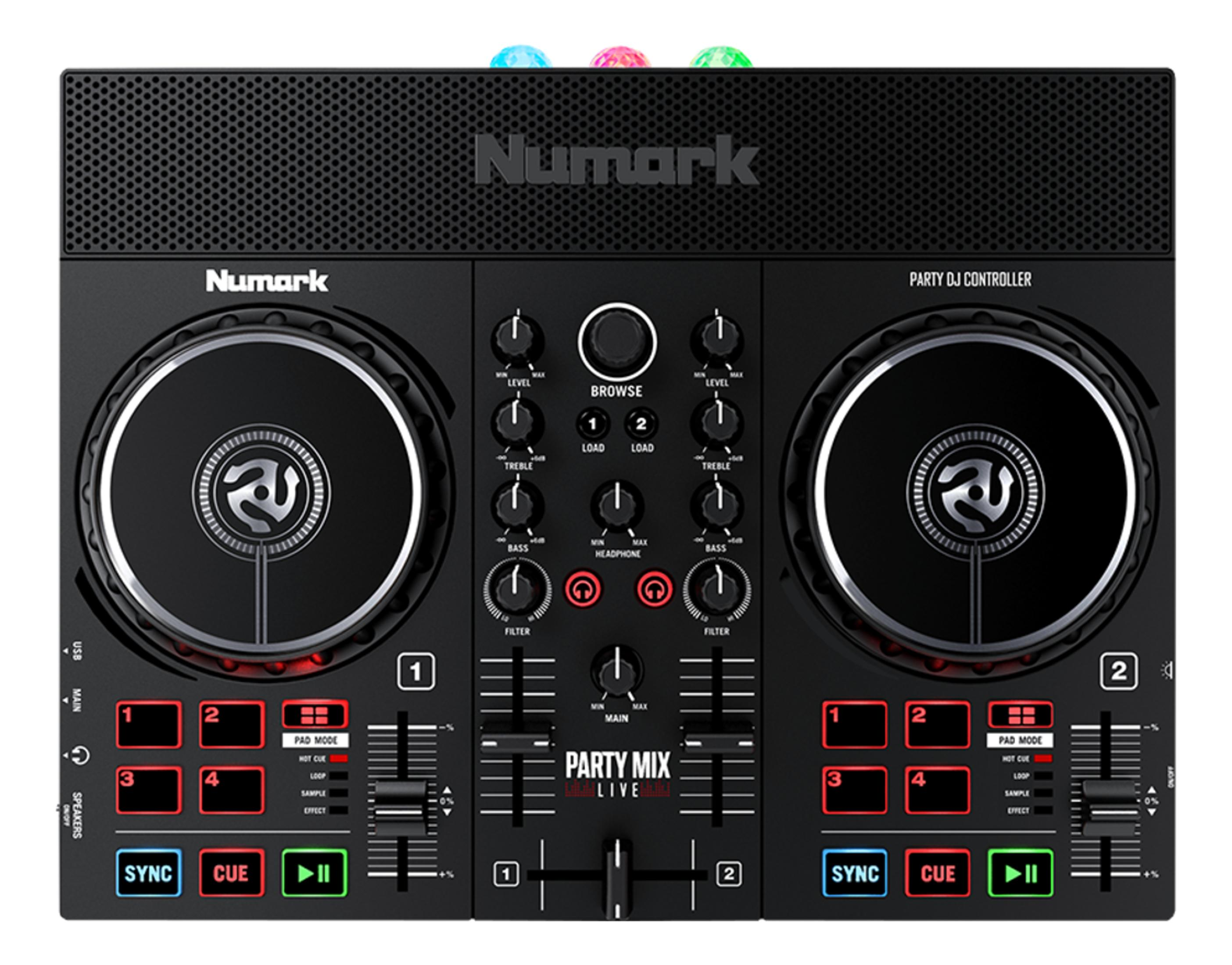 Un contrôleur DJ Party Numark noir avec deux jog wheels, des boutons et des pads lumineux.