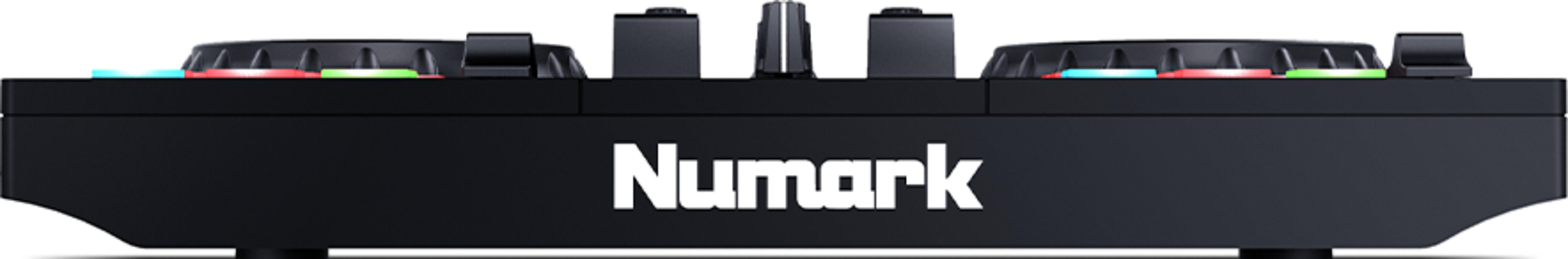 Contrôleur DJ noir avec boutons lumineux et le logo Numark.