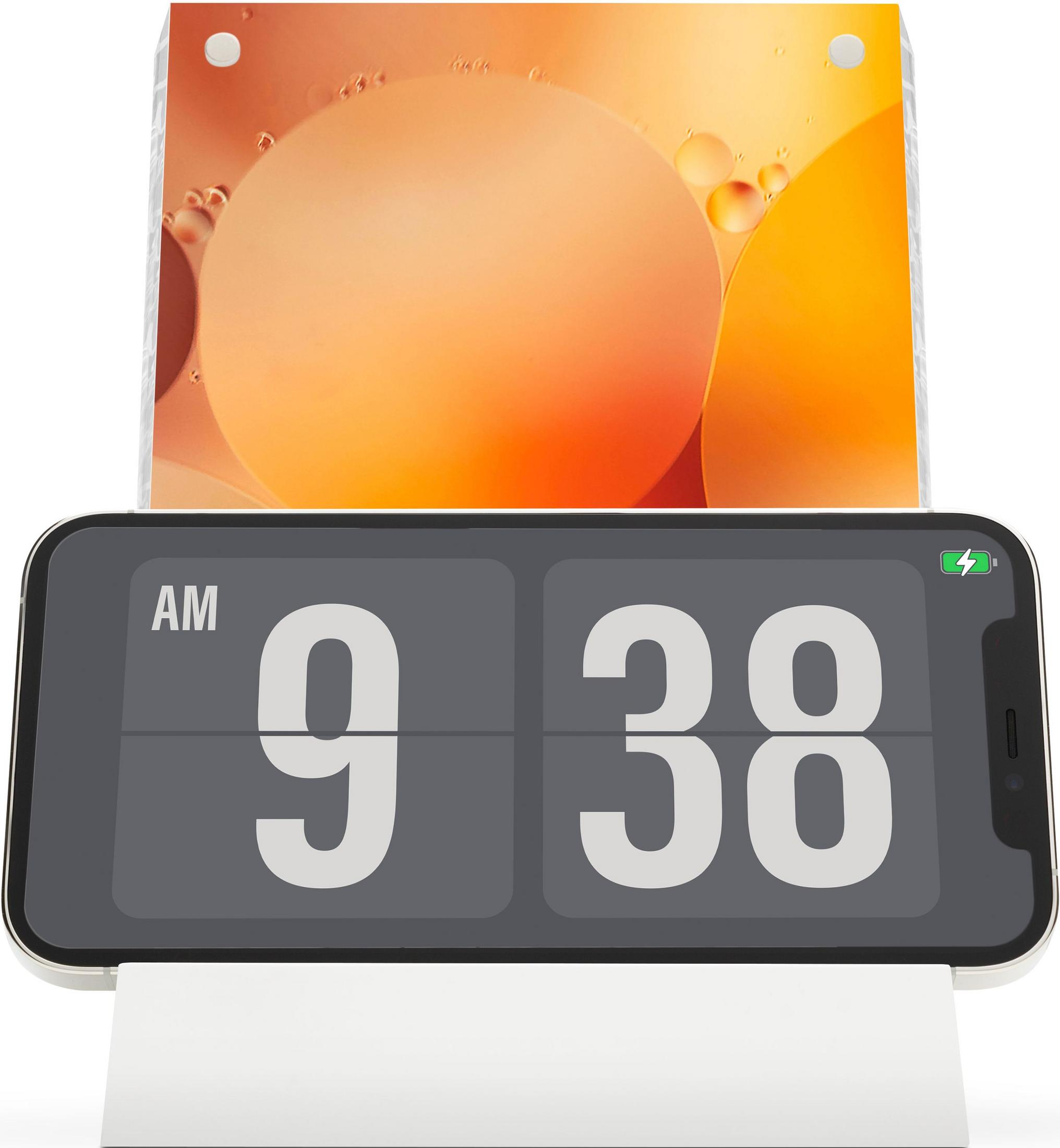 Un smartphone affiche 9h38 avec un fond de bulles oranges.