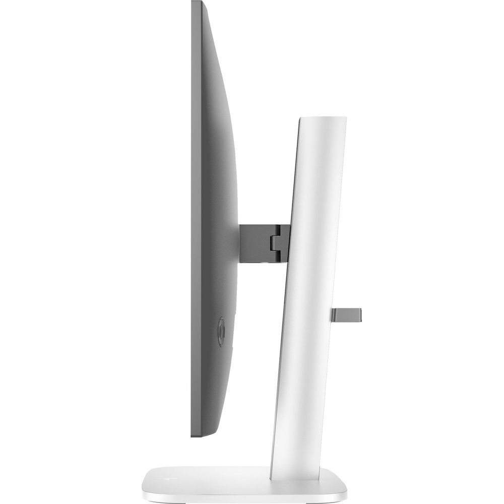 Vista laterale di un monitor moderno con schermo grigio sottile e base bianca.