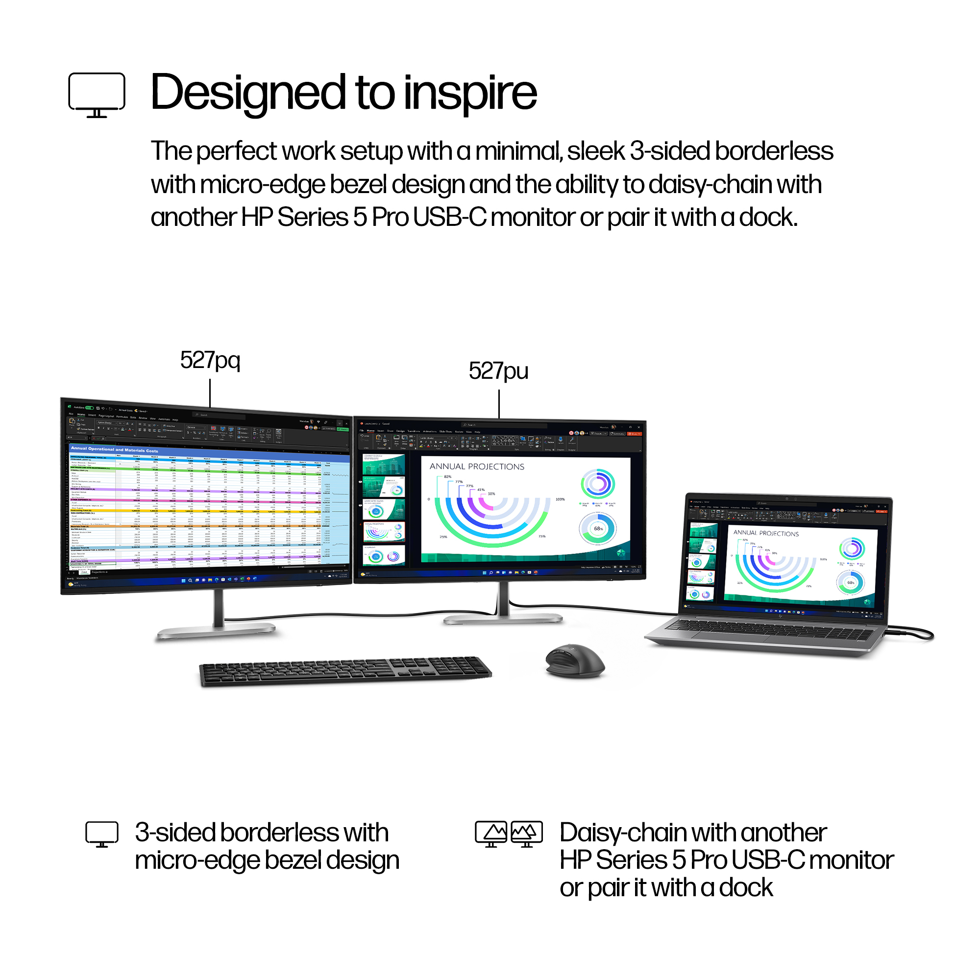 Tre monitor HP e un laptop formano una postazione di lavoro con fogli di calcolo e grafici.