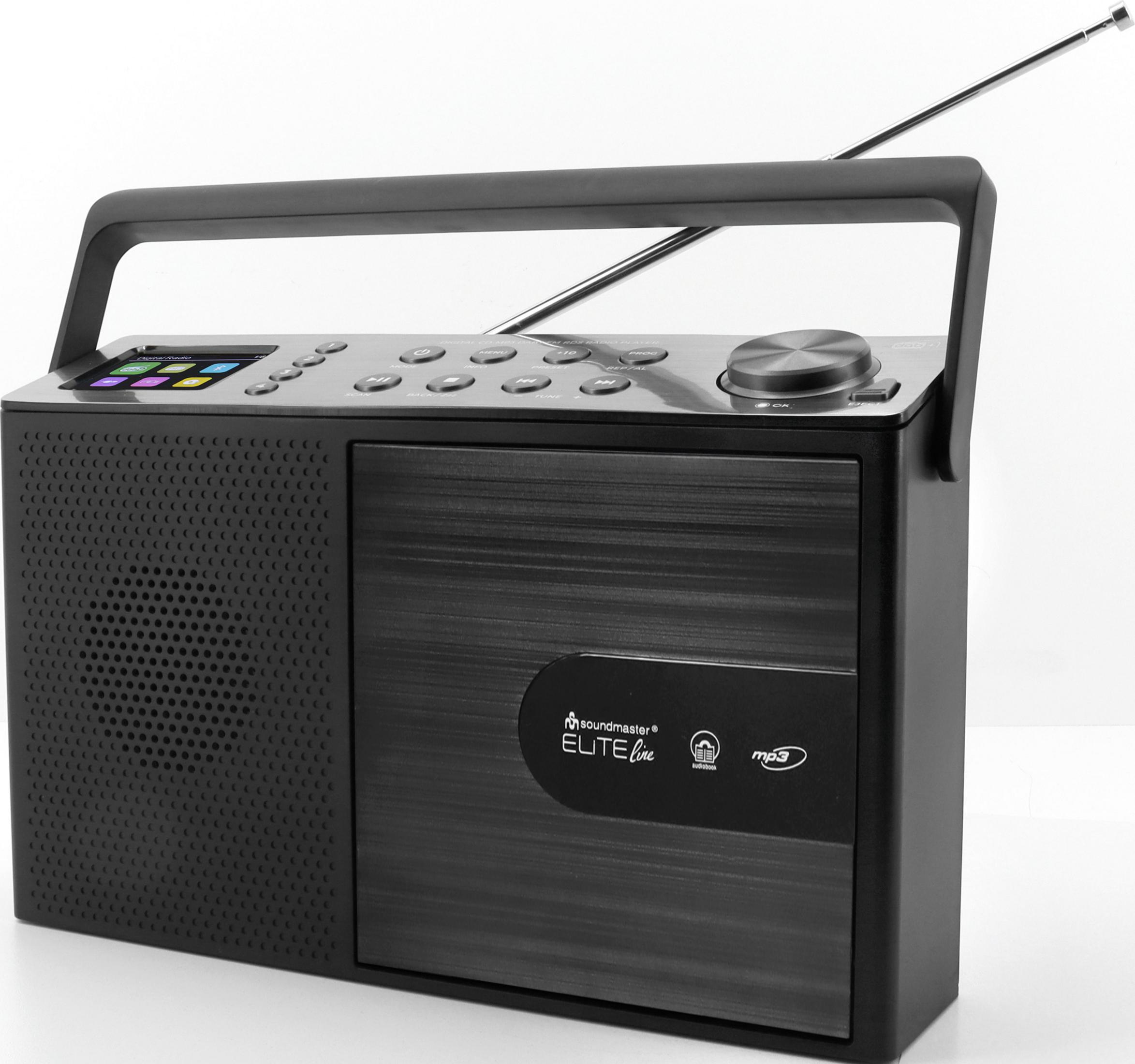 Una radio nera con antenna e pulsanti argentati.