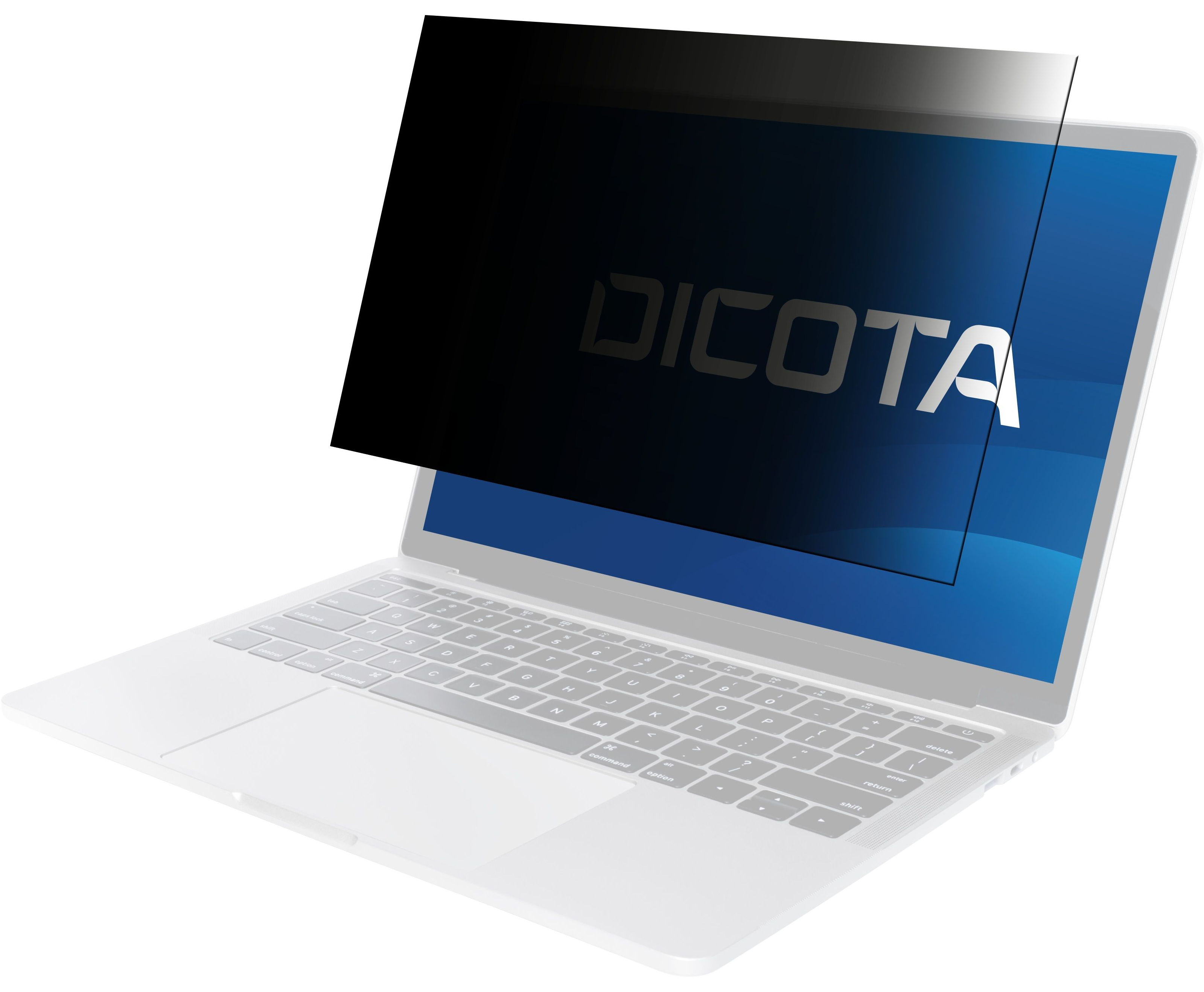 Blickschutzfolie auf einem silbernen Laptop. DICOTA-Logo sichtbar.