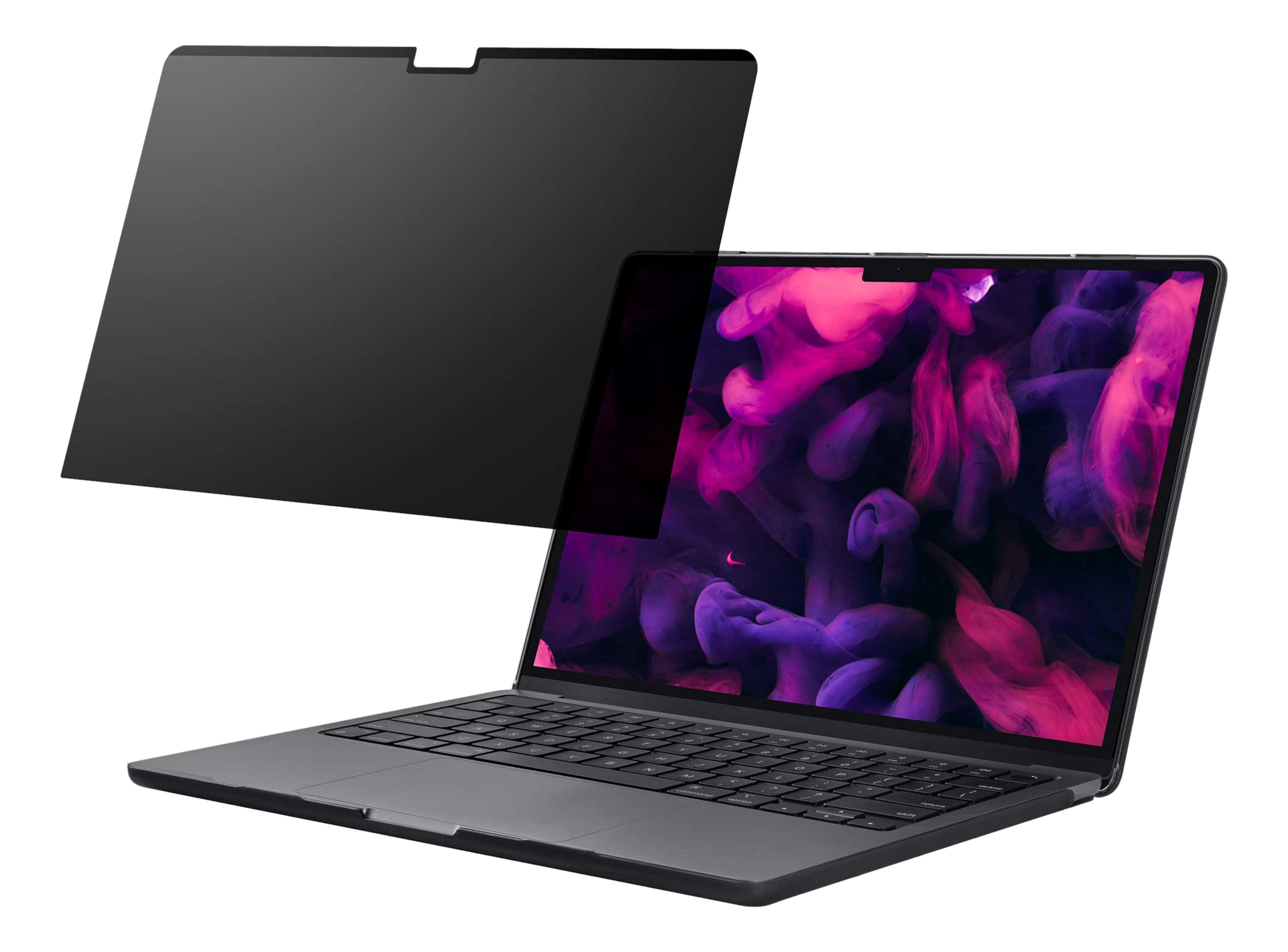Ein Laptop mit einem Sichtschutzfilter darüber und einem bunten Hintergrundbild.
