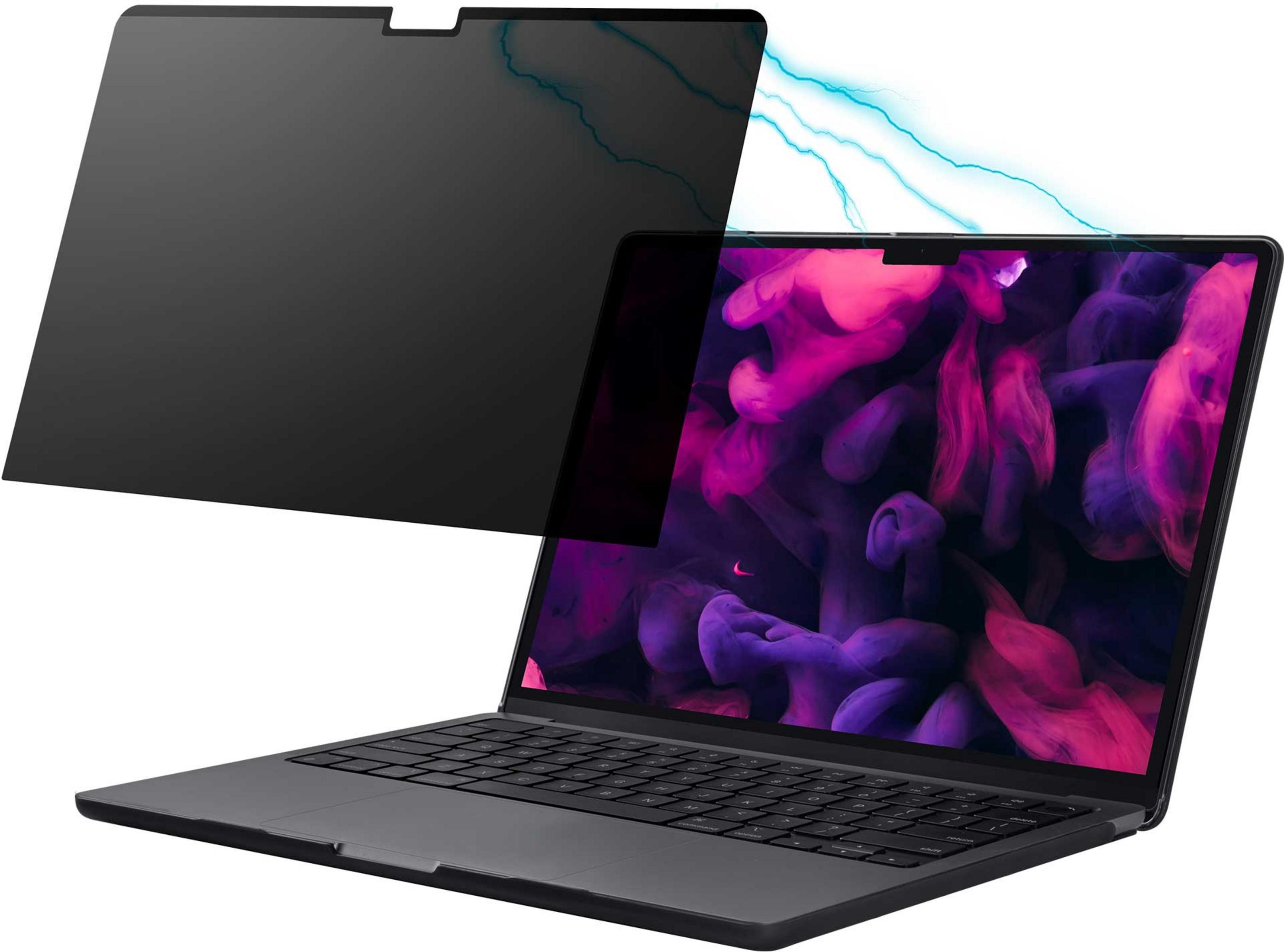 Ein Laptop mit einem Sichtschutzfilter, der von oben auf den Bildschirm gelegt wird.