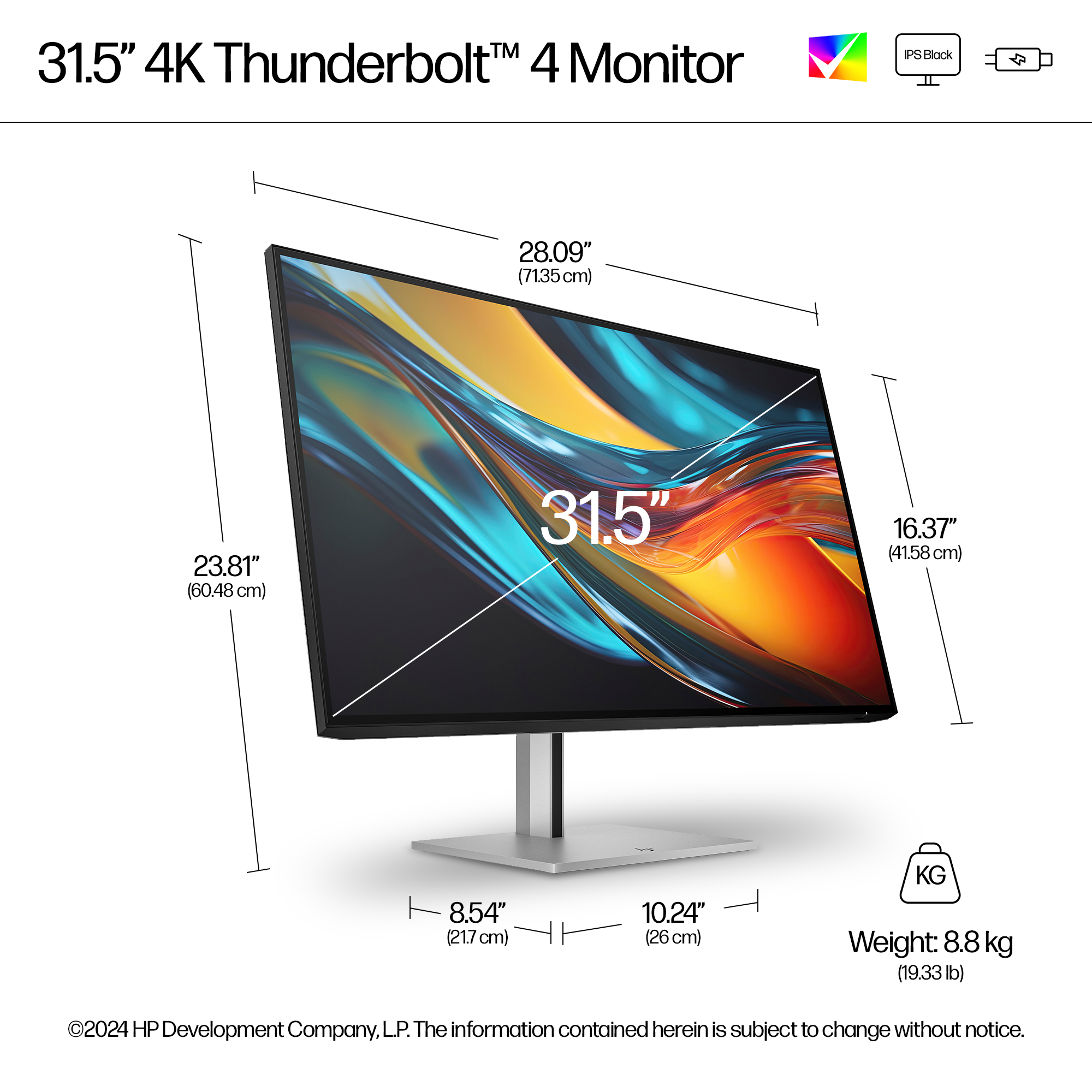 Monitor 4K Thunderbolt 4 da 31,5 pollici con dimensioni e peso.