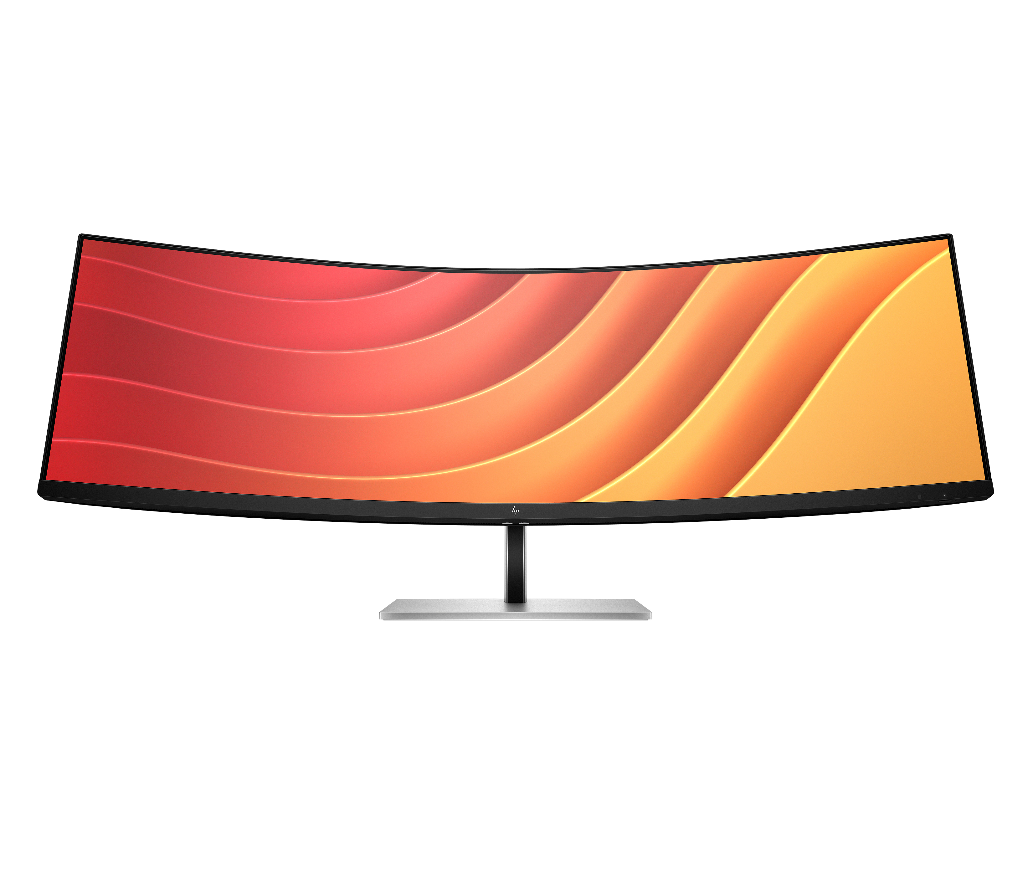Un monitor curvo e largo che visualizza un motivo astratto rosso e arancione.