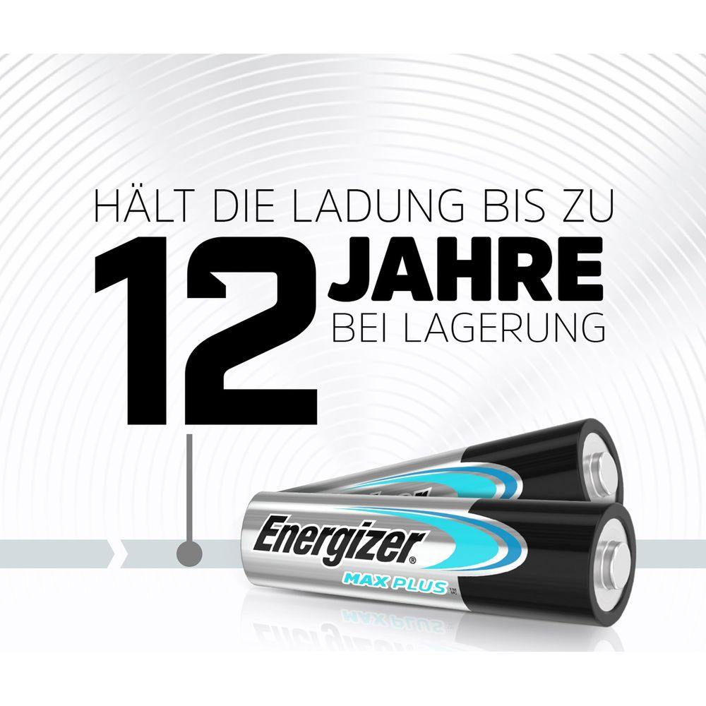 Zwei Energizer Max Plus Batterien, halten bis zu 12 Jahre bei Lagerung.