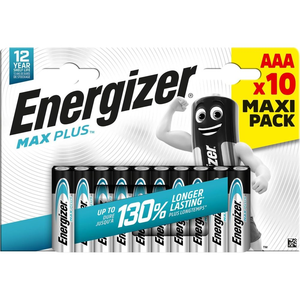 Energizer AAA Max Plus Batterien Packung: 10 Stück, 12 Jahre Haltbarkeit, 130% länger haltbar.