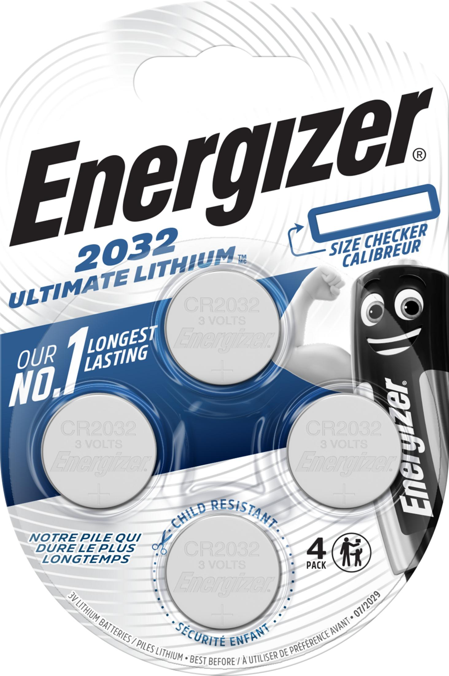 Energizer CR2032 Lithium-Batterien im 4er-Pack mit Größenprüfer und kindersicherer Verpackung.