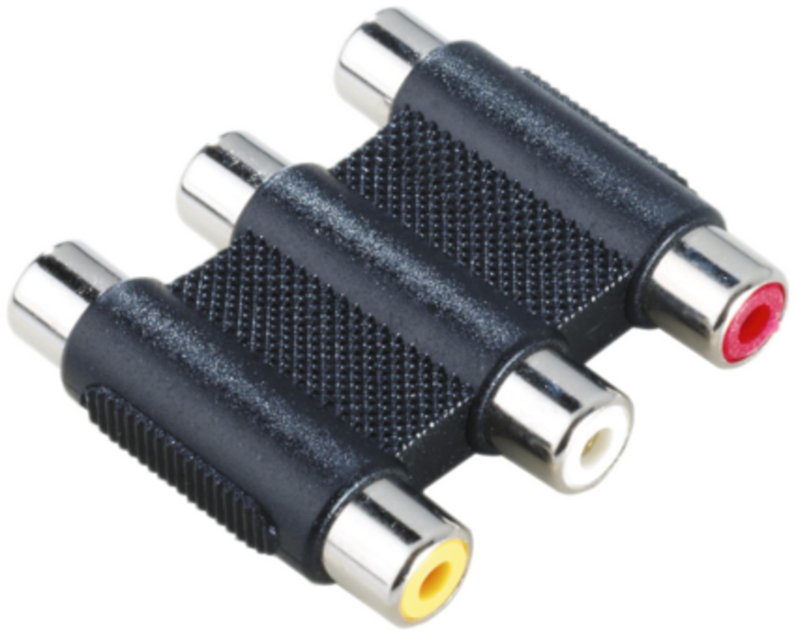 Ein schwarzer RCA-Splitter mit drei Anschlüssen auf weißem Hintergrund.