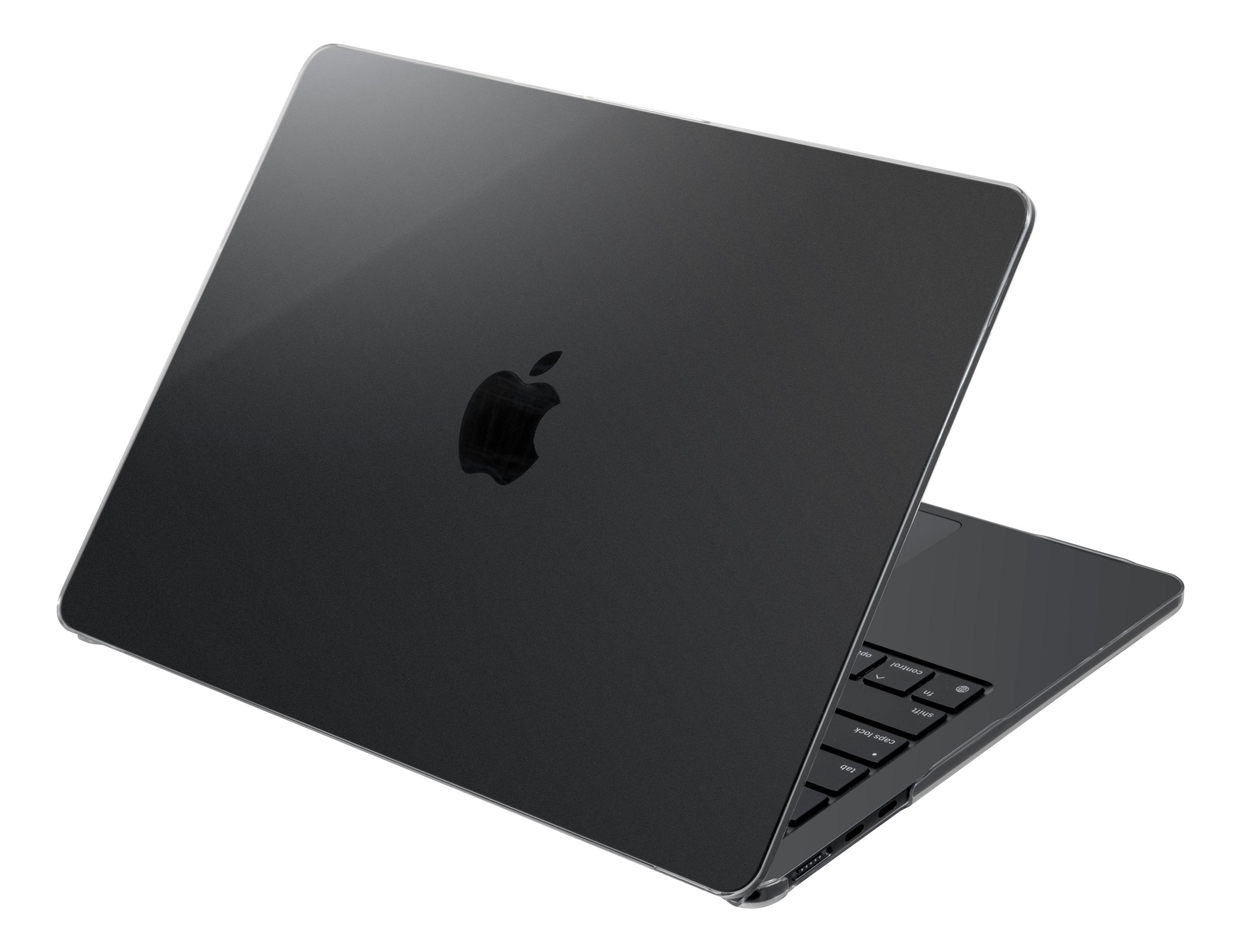 Un laptop scuro con il logo Apple sul coperchio e la tastiera visibile.