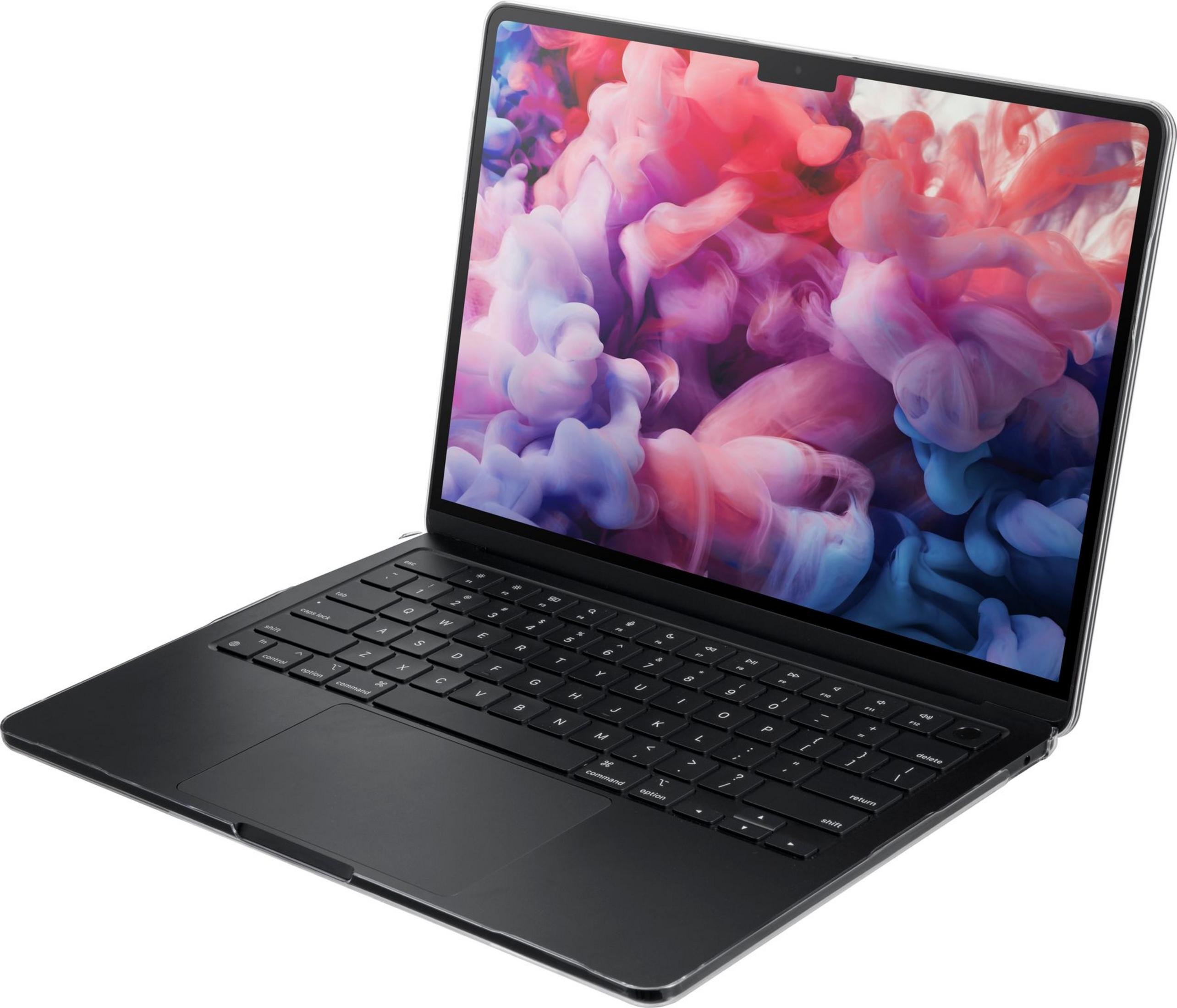 Un laptop aperto con uno sfondo di fumo colorato sullo schermo.