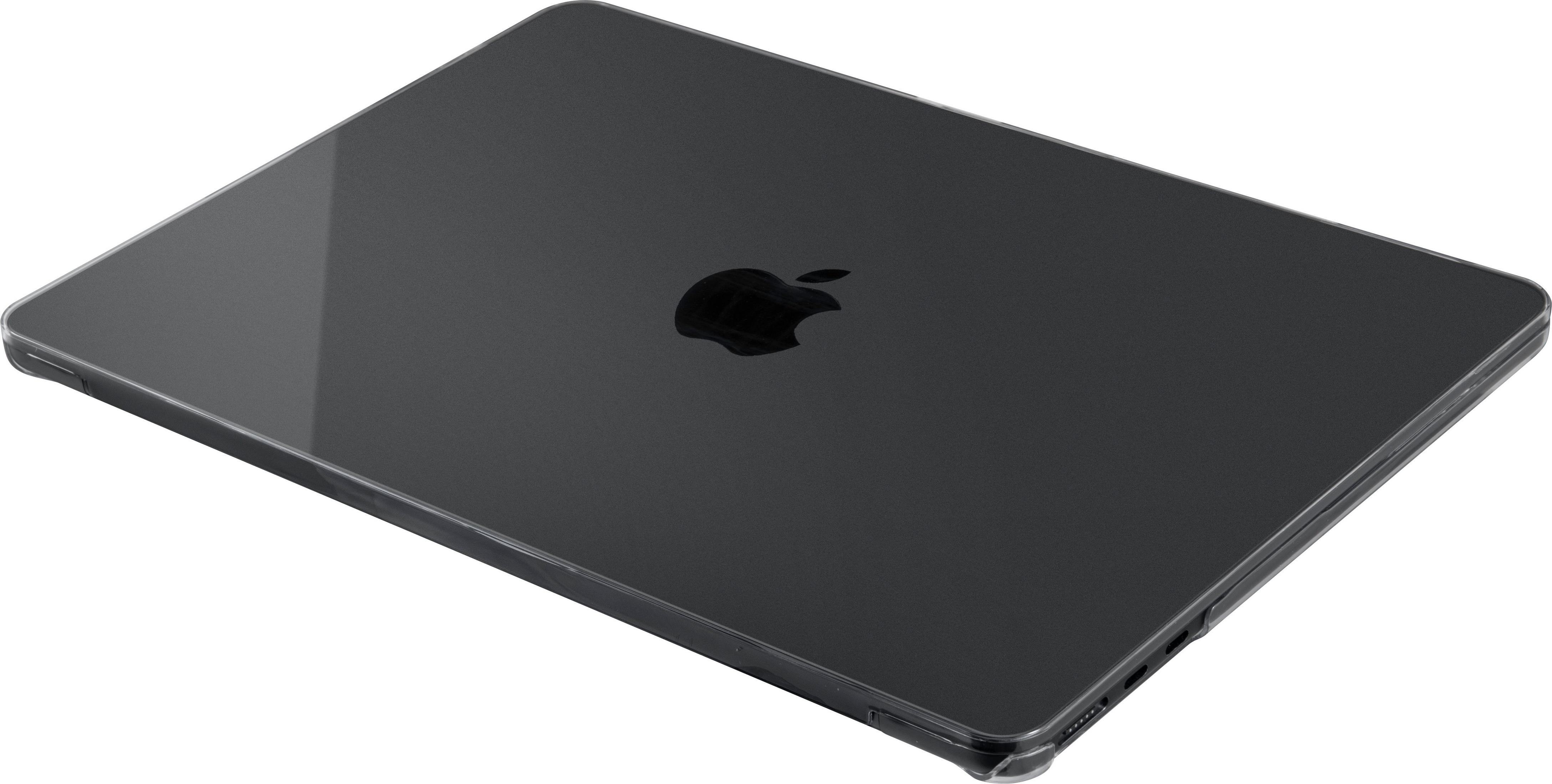 Un tablet scuro con logo Apple appoggiato su sfondo bianco.