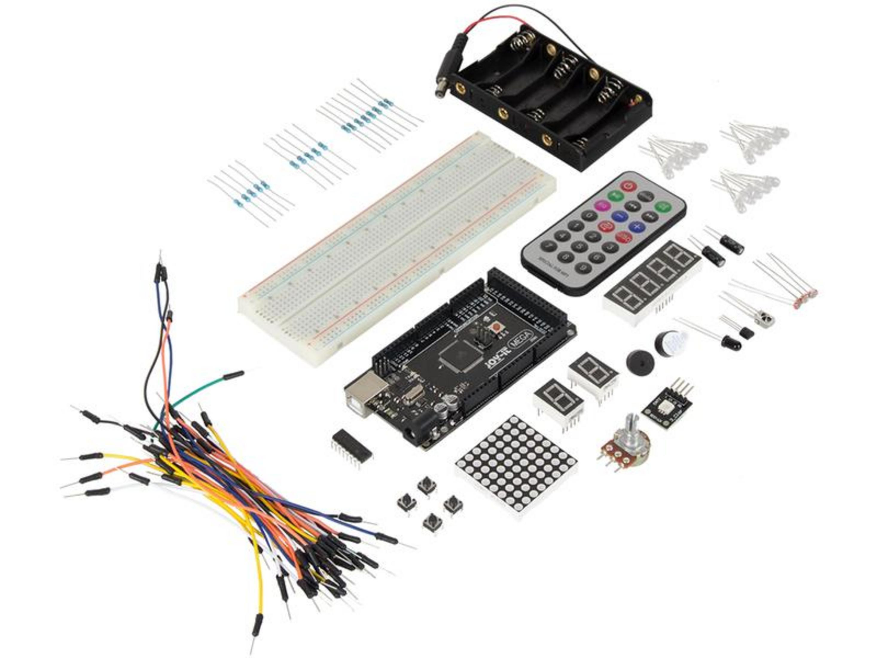 Elektronik-Kit mit Arduino Mega, Breadboard, Kabeln, Widerständen, LEDs und Fernbedienung.