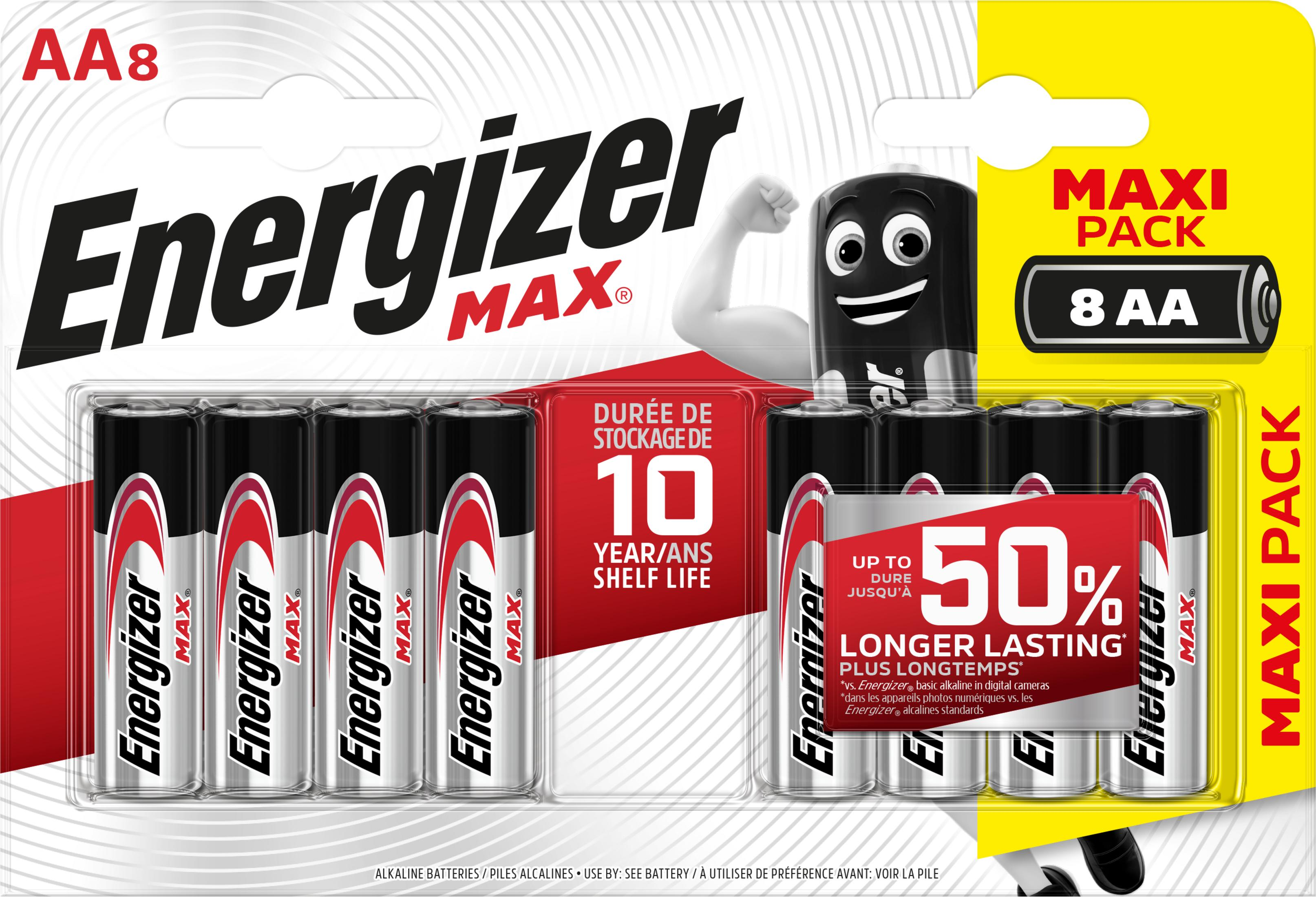 Packung mit 8 Energizer AA Max Batterien, mit Comicfigur und 10 Jahren Haltbarkeit.