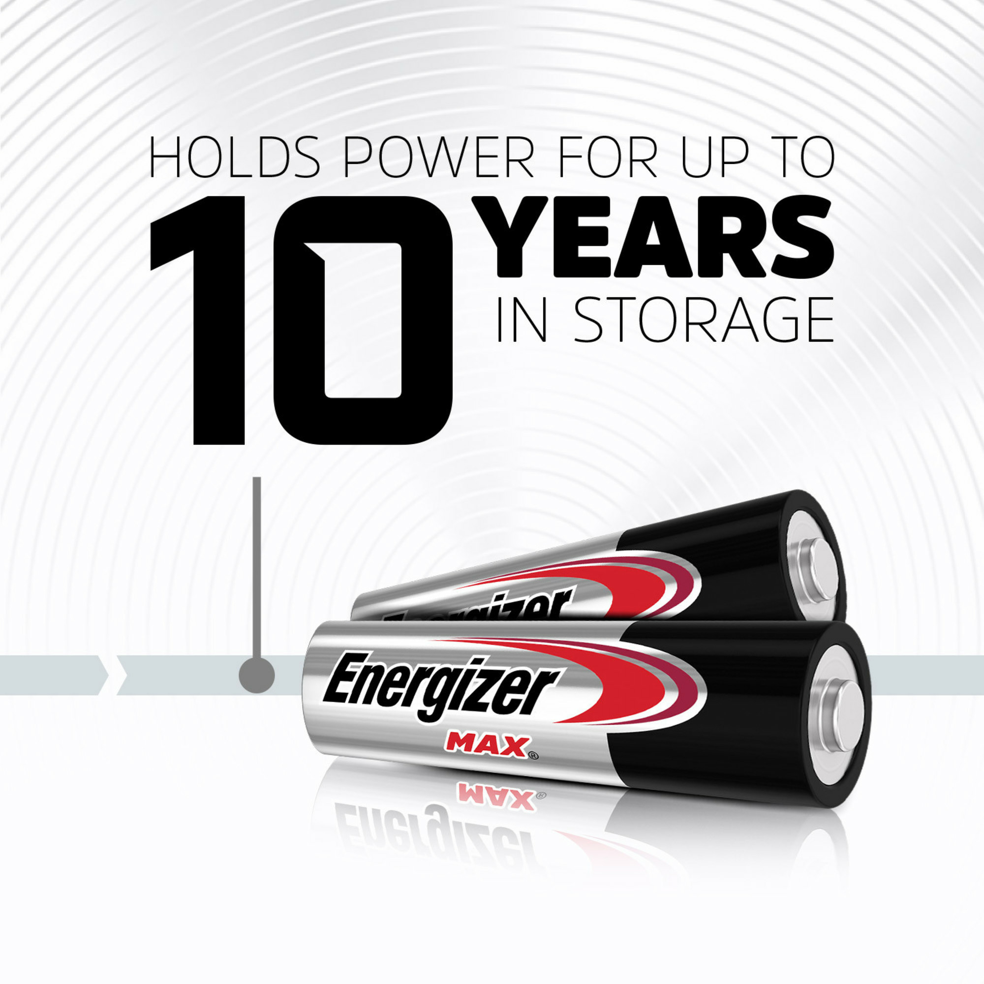 Energizer MAX Batterien halten 10 Jahre im Lager. Zwei schwarze Batterien.
