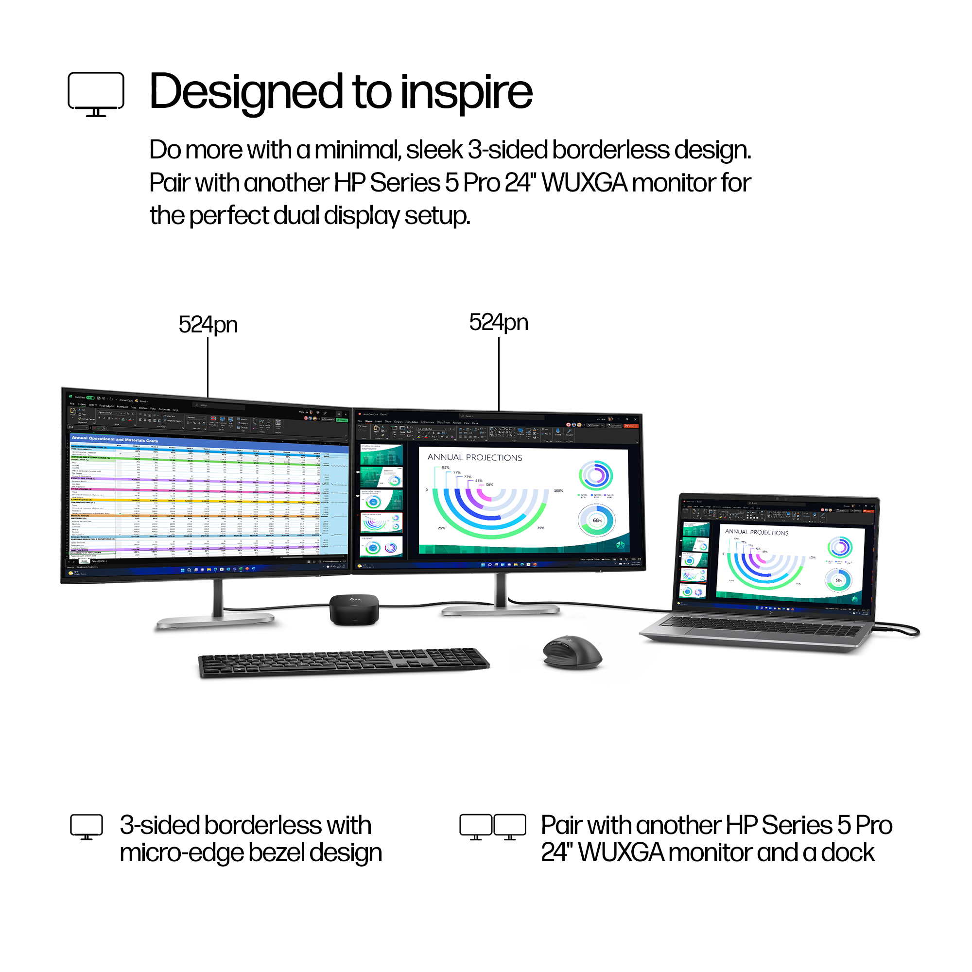 Due monitor HP 5 Pro da 24" e un laptop visualizzano fogli di calcolo e grafici.