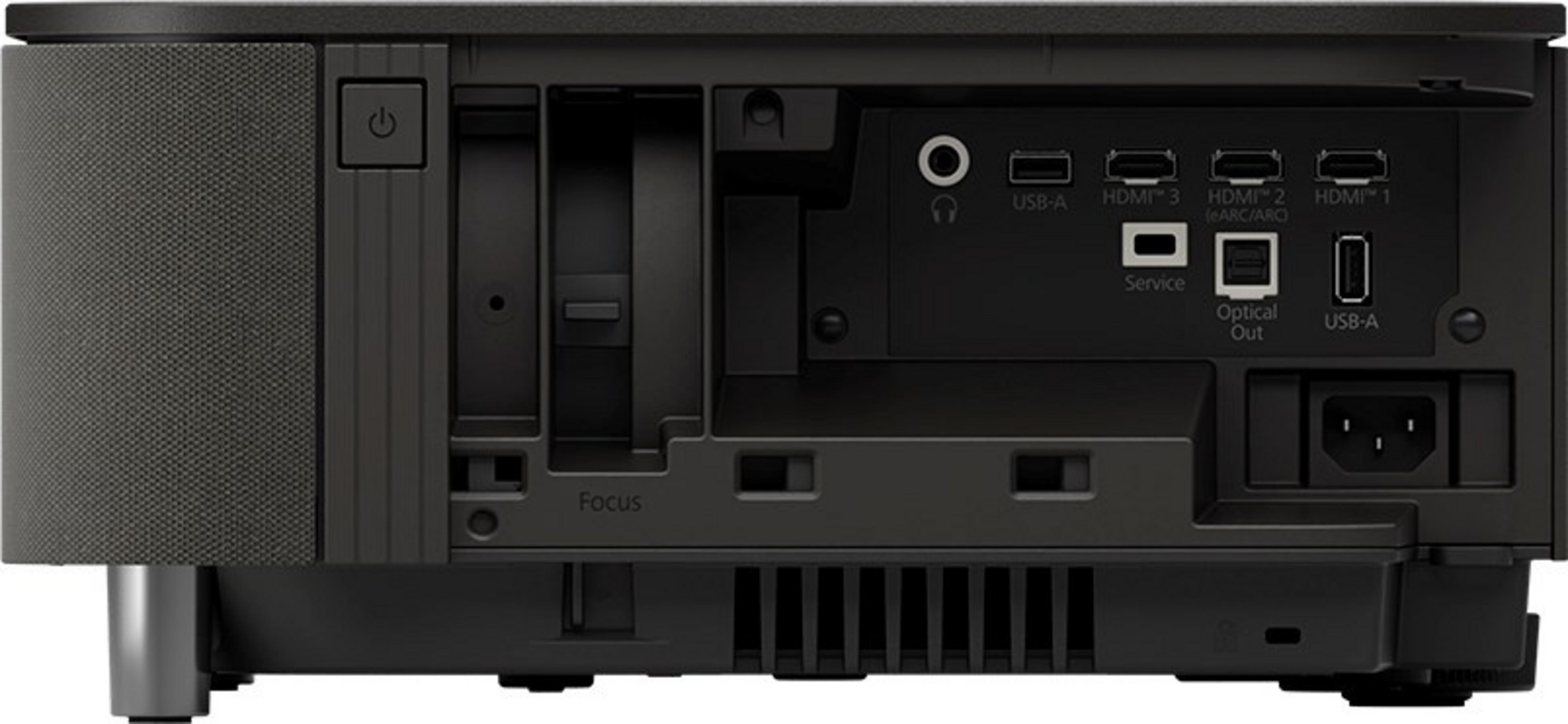 Vue arrière d'un projecteur noir montrant des ports tels que USB-A, HDMI et entrée d'alimentation.