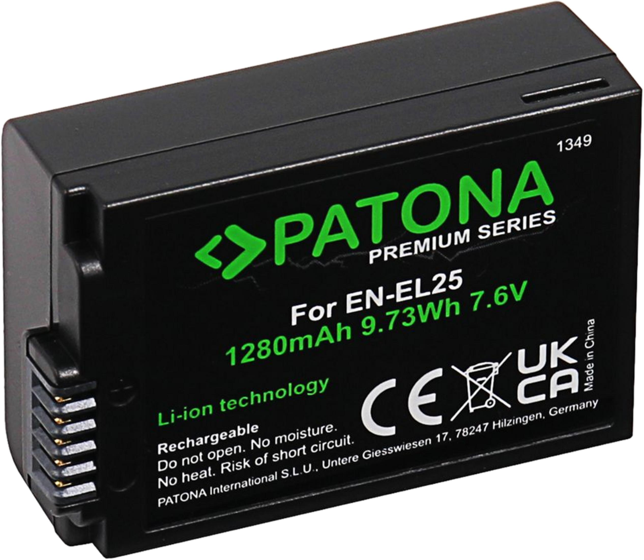 Batteria nera con testo verde: PATONA, 1280mAh, 7.6V, Made in China.