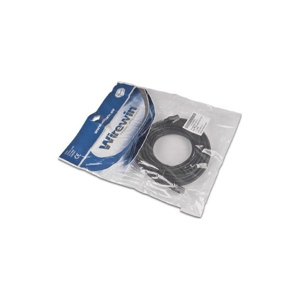 Ein aufgerolltes schwarzes Ethernet-Kabel in klarer Plastikverpackung mit Wirewin-Branding.