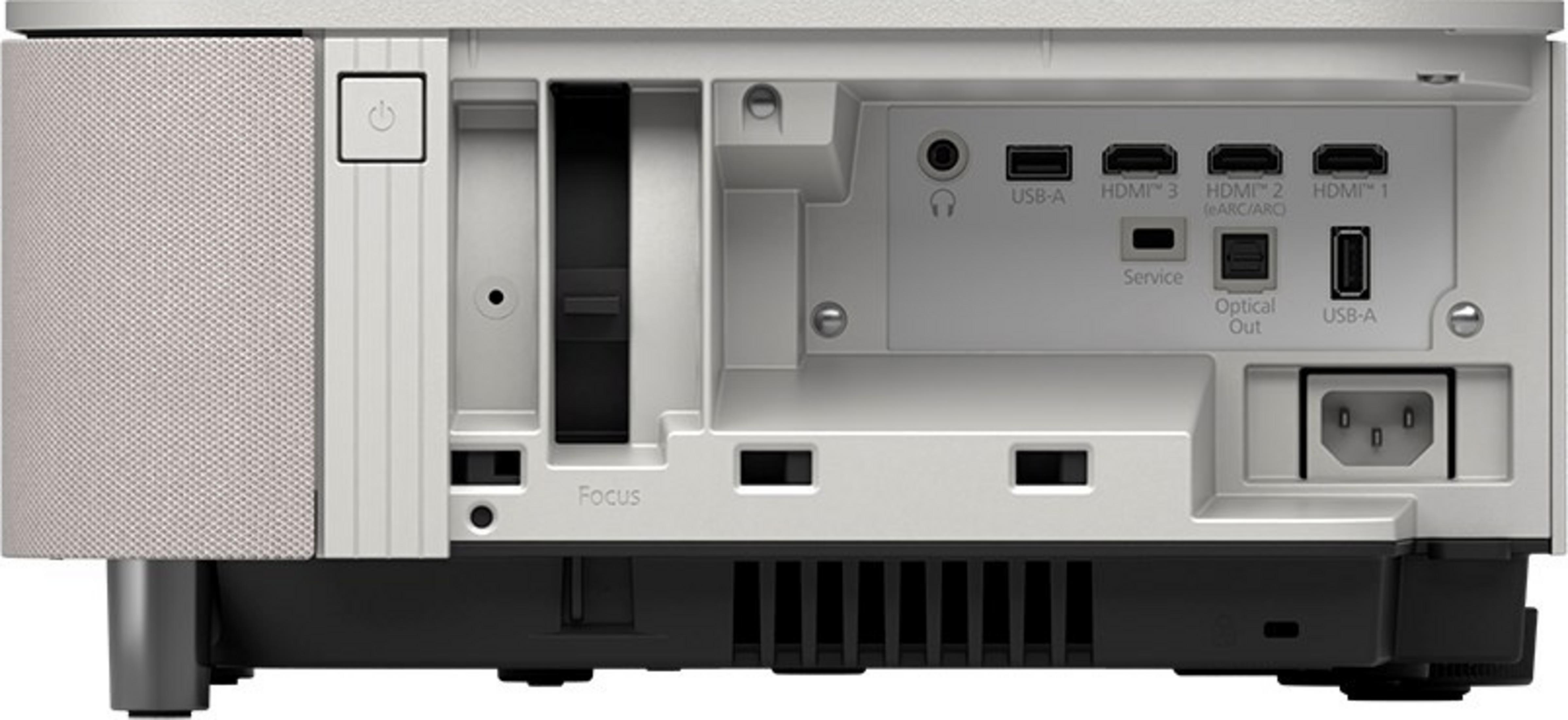 Rückseite eines weißen Projektors mit Anschlüssen: Strom, USB-A, HDMI 3, HDMI 2, HDMI 1, optischer Ausgang, Service.