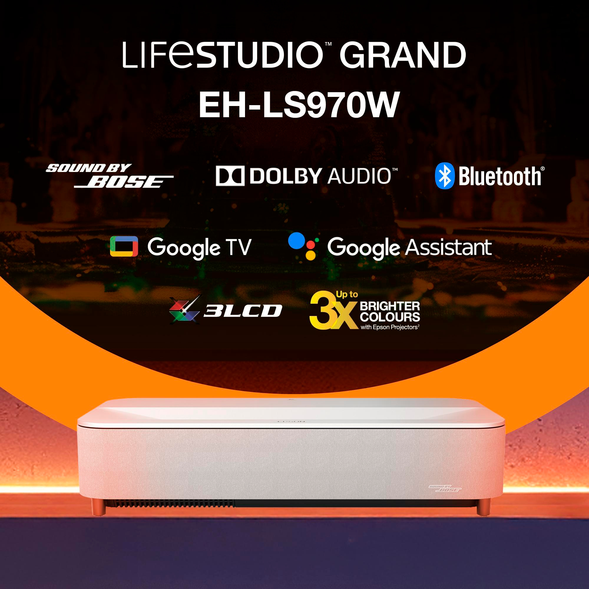 Ein weißer Projektor mit Logos von Bose, Dolby Audio, Google TV und Bluetooth.