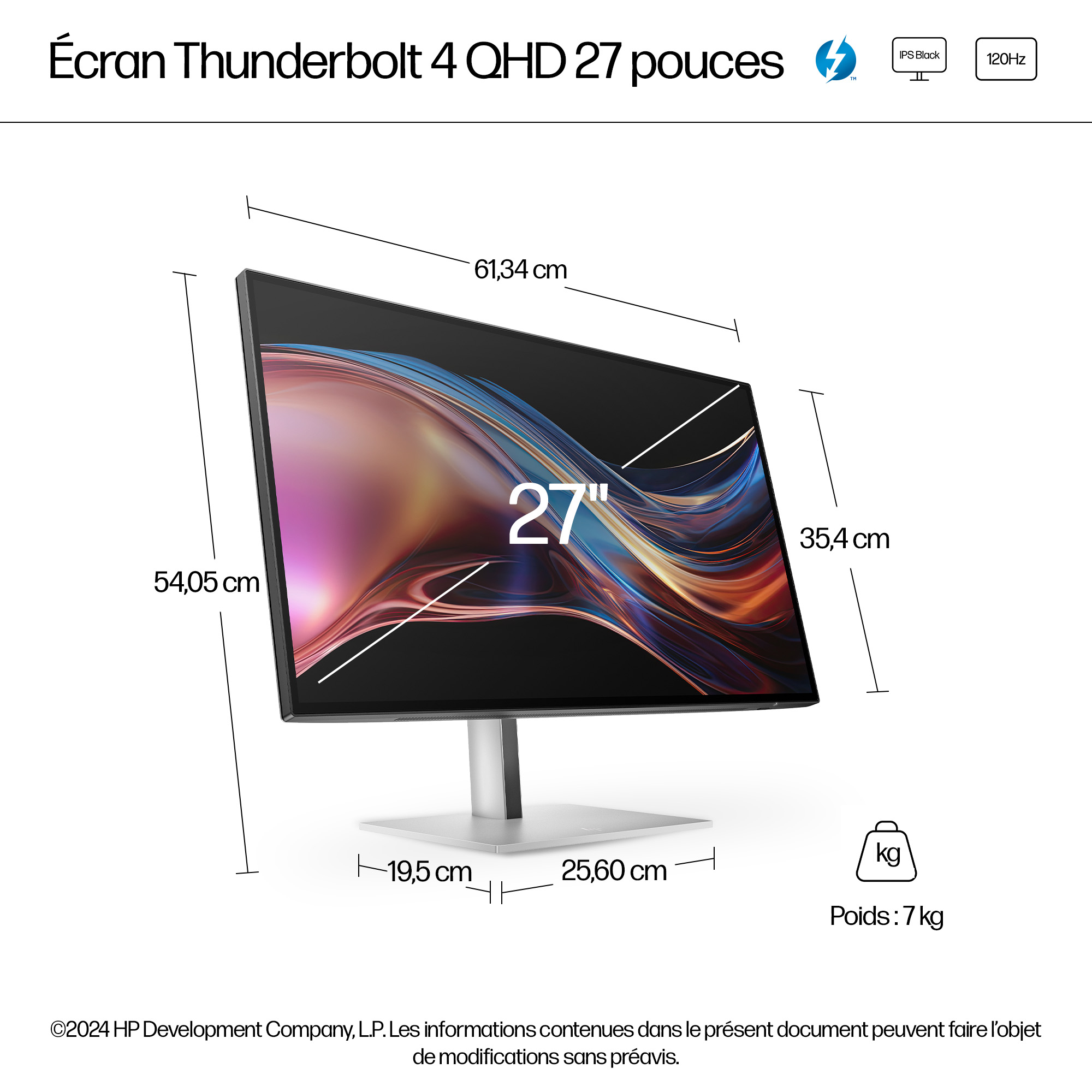 Monitor QHD de 27 pulgadas con Thunderbolt 4. Dimensiones 61,34x54,05x19,5 cm, peso 7kg.