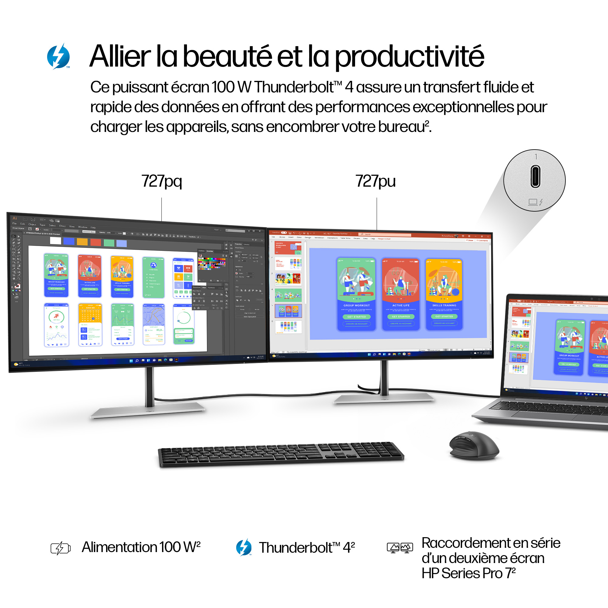 Dos monitores y un portátil muestran diseños de apps. Alimentación 100W, Thunderbolt 4.