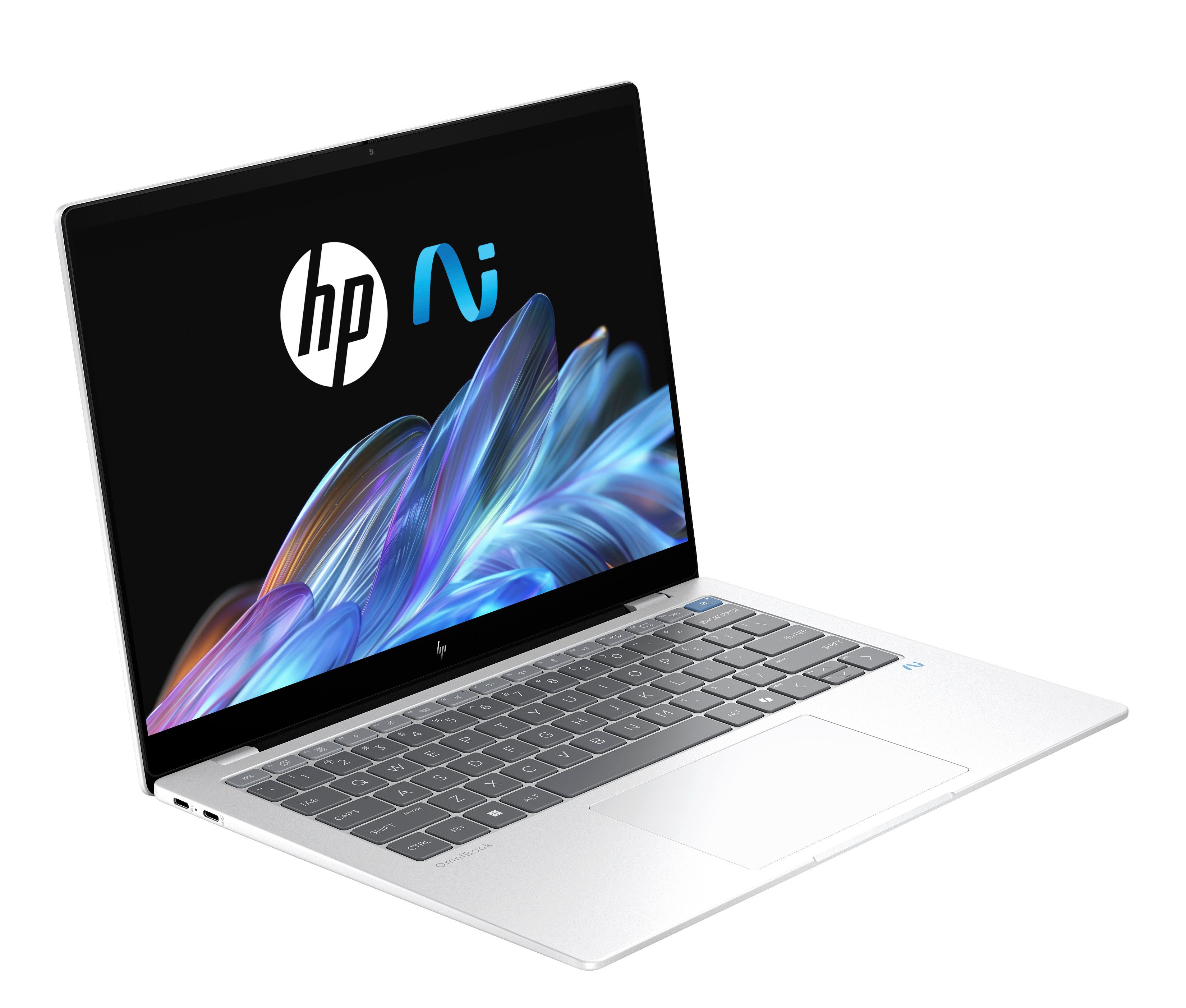 Un portátil HP OmniBook plateado abierto con un fondo abstracto y colorido en su pantalla.