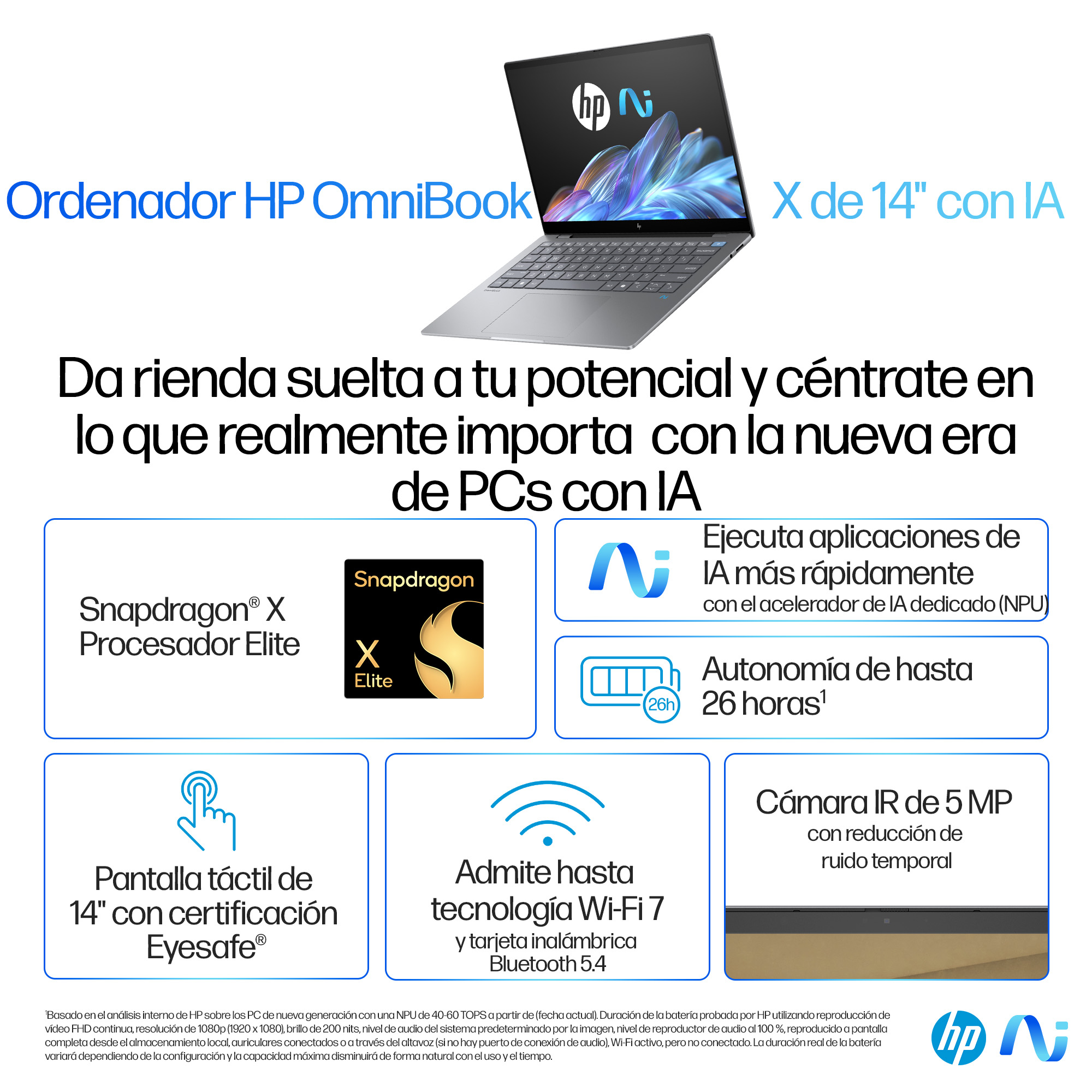Laptop HP OmniBook con pantalla IA de 14", Snapdragon X Elite, batería 26h, Wi-Fi 7.