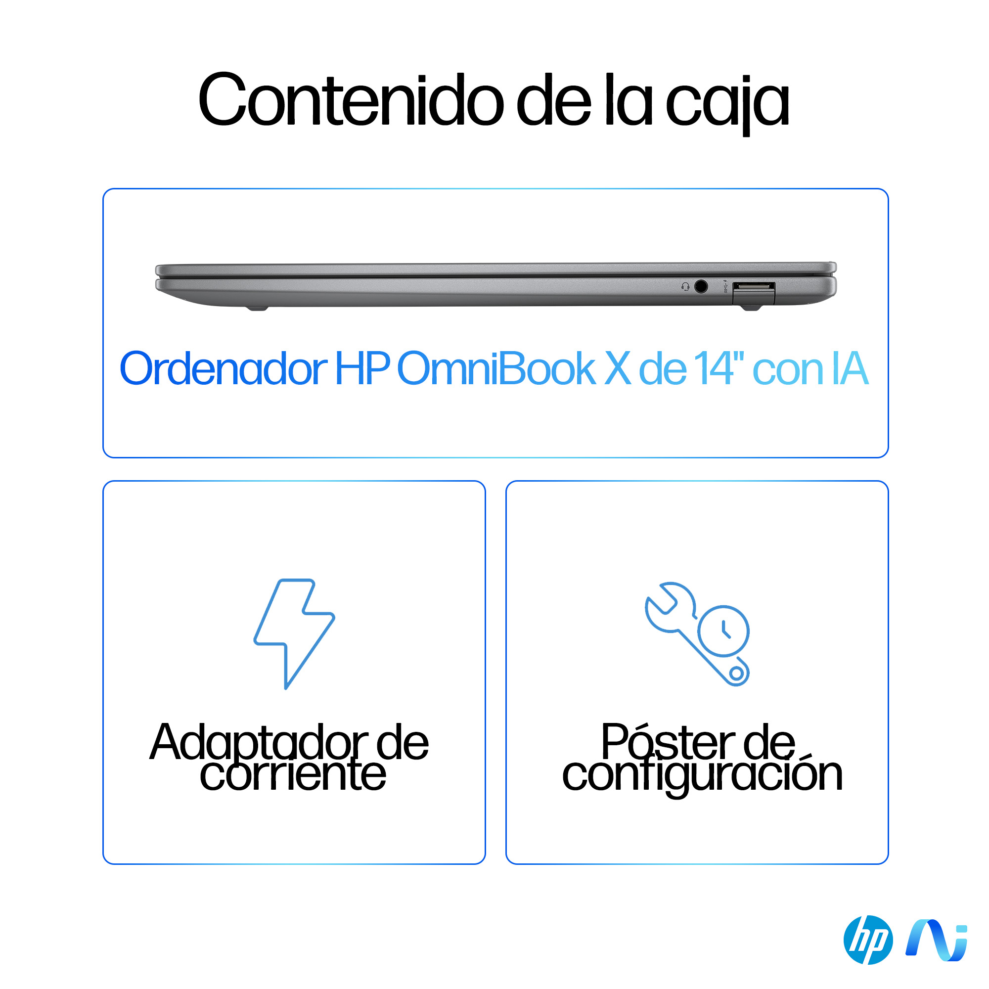Contenido de la caja: Portátil HP OmniBook X 14", adaptador de corriente, póster de configuración.