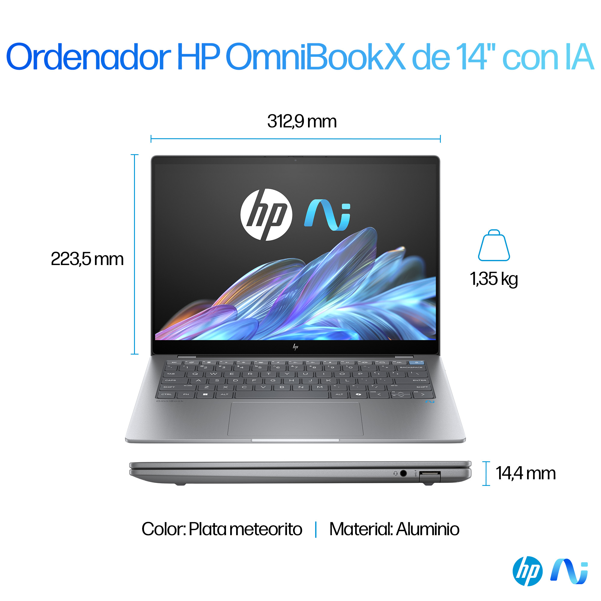 Portátil HP OmniBookX plateado, 31,3 cm ancho, 22,4 cm alto, 1,35 kg.