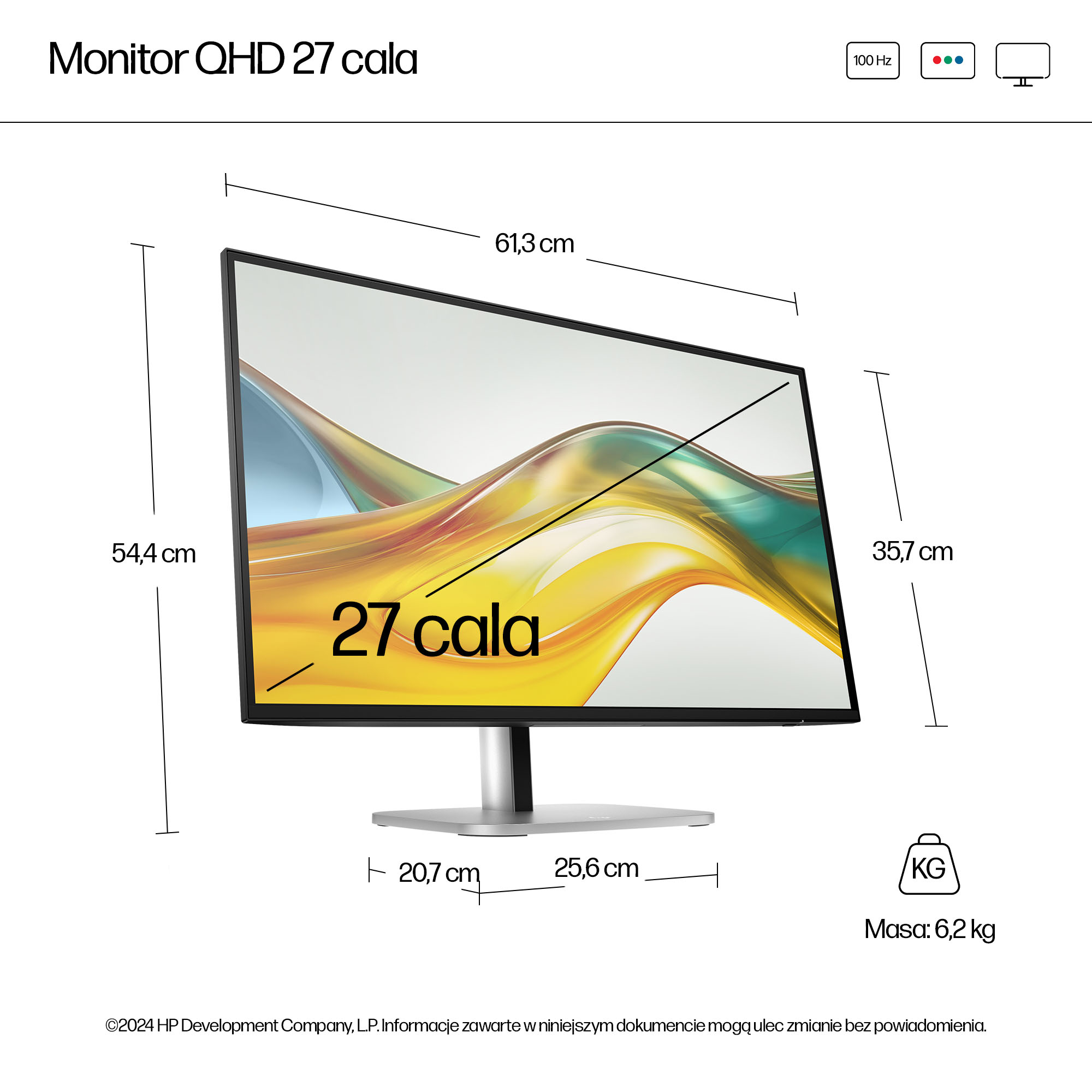 27-Zoll-QHD-Monitor mit Abmessungen und Gewicht von 6,2 kg.