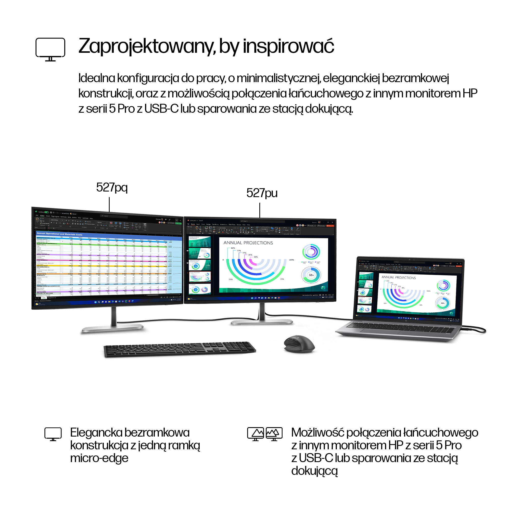 Zwei HP Monitore und ein Laptop mit Diagrammen und Tabellen auf den Bildschirmen.