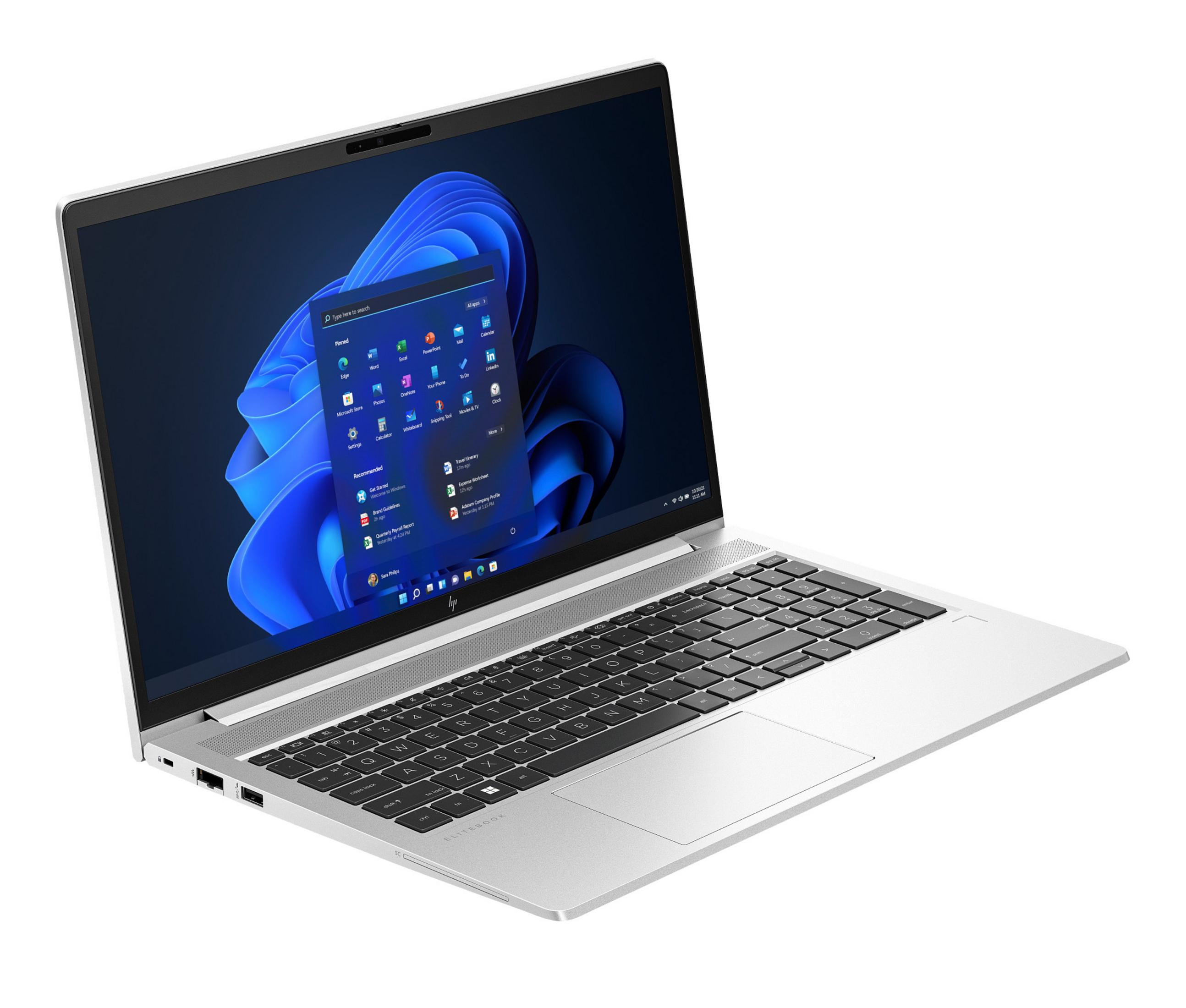 Portátil HP Elitebook plateado con pantalla oscura que muestra la interfaz de Windows 11 y teclado.