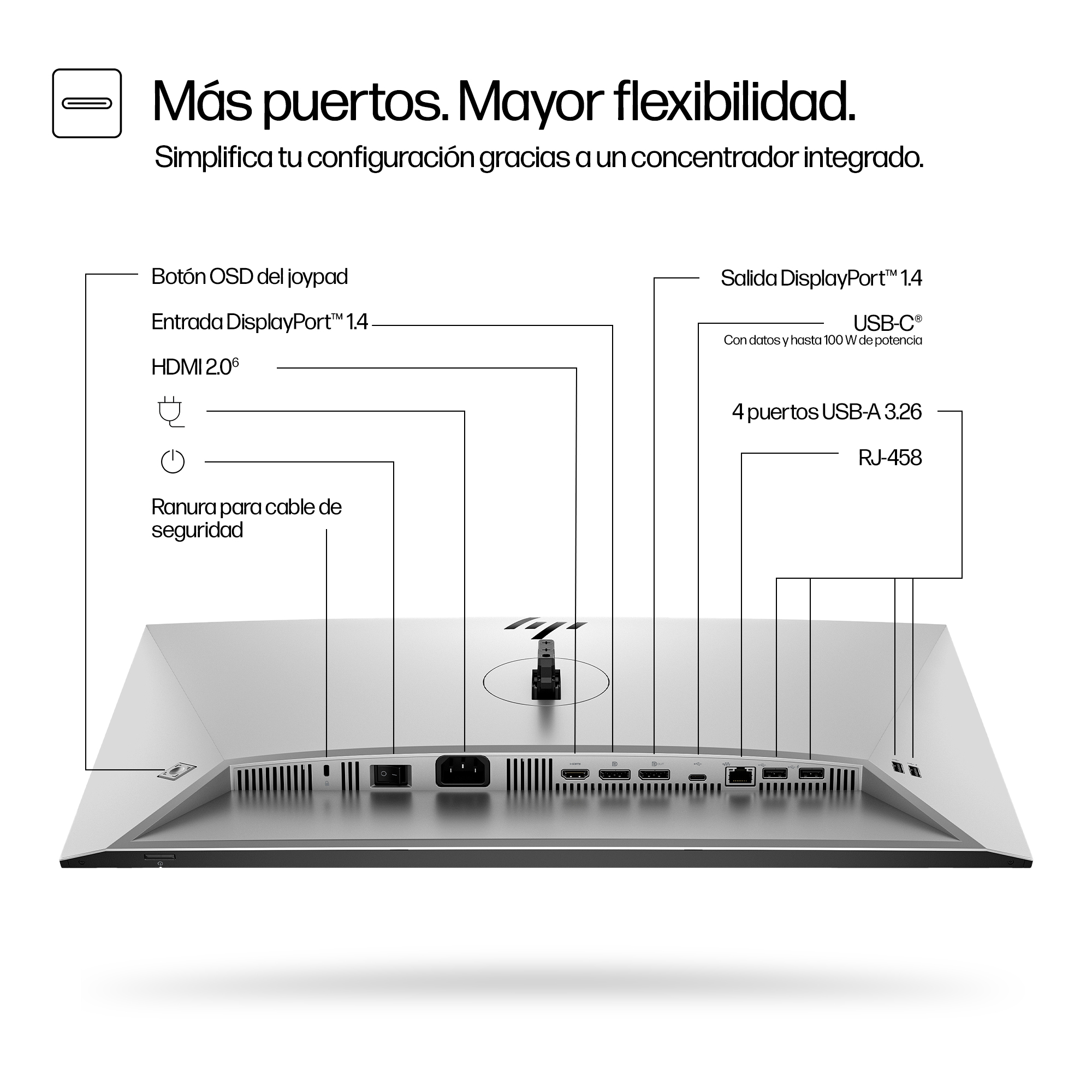 Retro del monitor con porte: HDMI, DisplayPort, USB-C, USB-A e RJ-45.