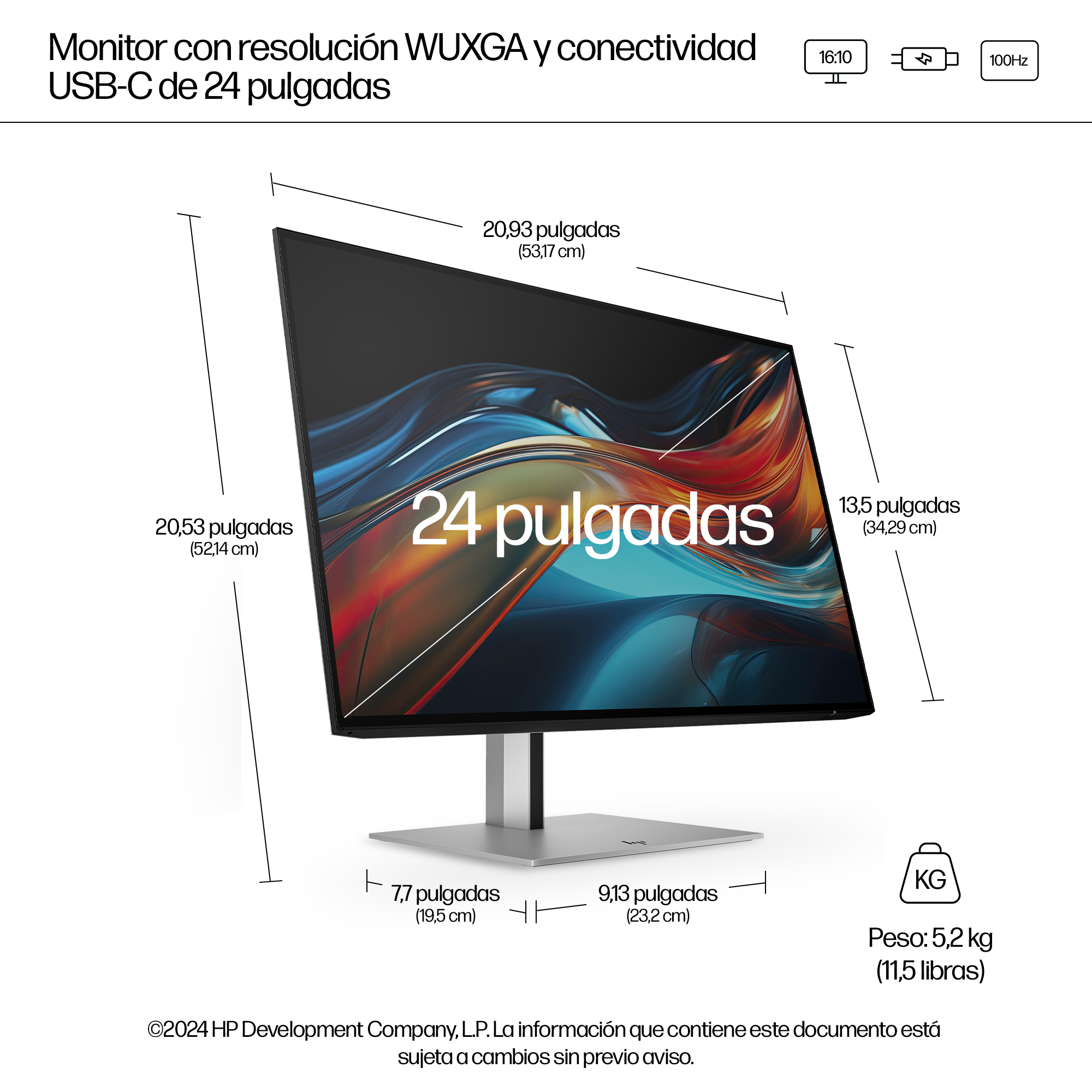 Un monitor da 24 pollici con risoluzione WUXGA, USB-C, 16:10, 100Hz, 5,2 kg.