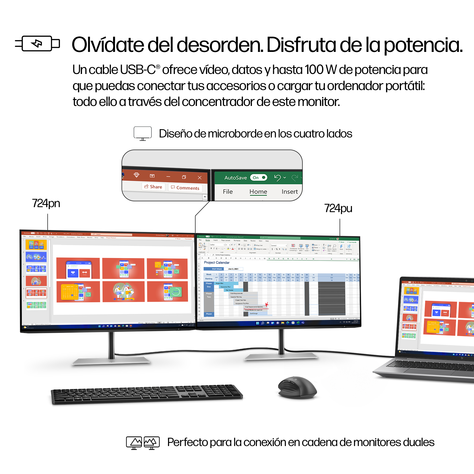 Due monitor e un laptop visualizzano piani di progetto e calendari.