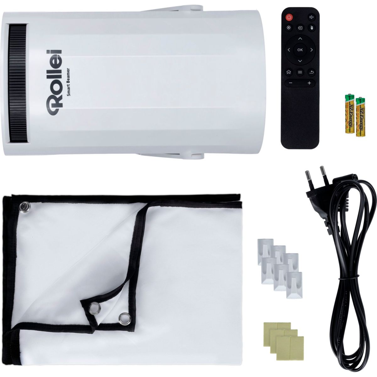 Rollei Smart Beamer Set mit Projektor, Fernbedienung, Batterien, Netzkabel, Leinwand und Clips.