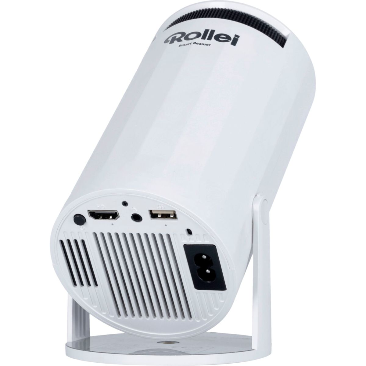 Weiße Rollei Smart Beamer Rückseite mit Anschlüssen: HDMI, USB, Strom.
