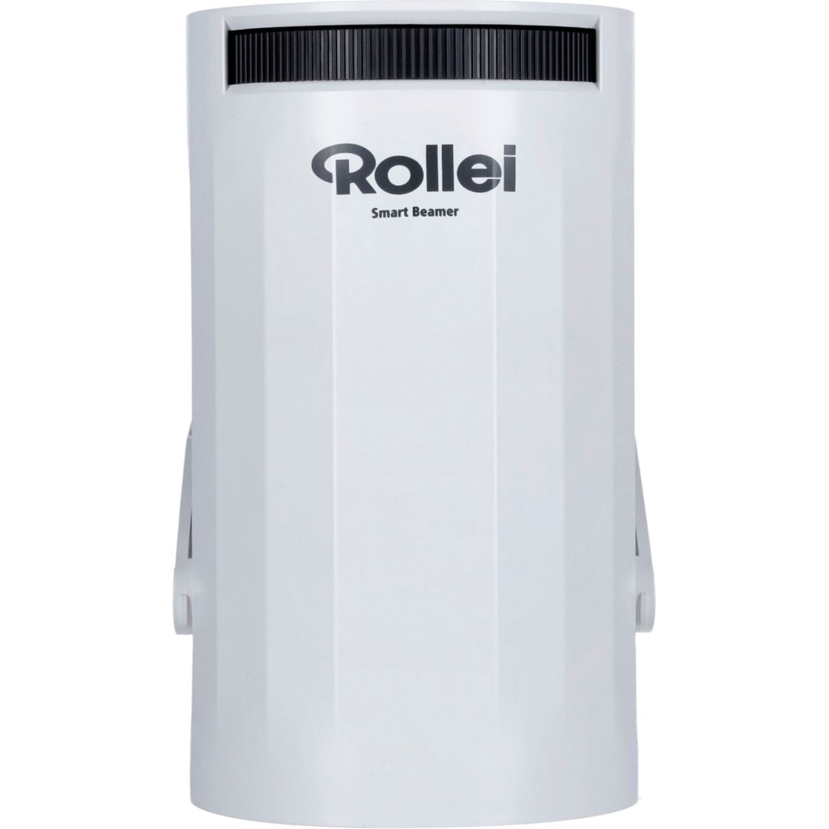 Ein weißer Rollei Smart Beamer mit schwarzem Lüftungsgitter oben.